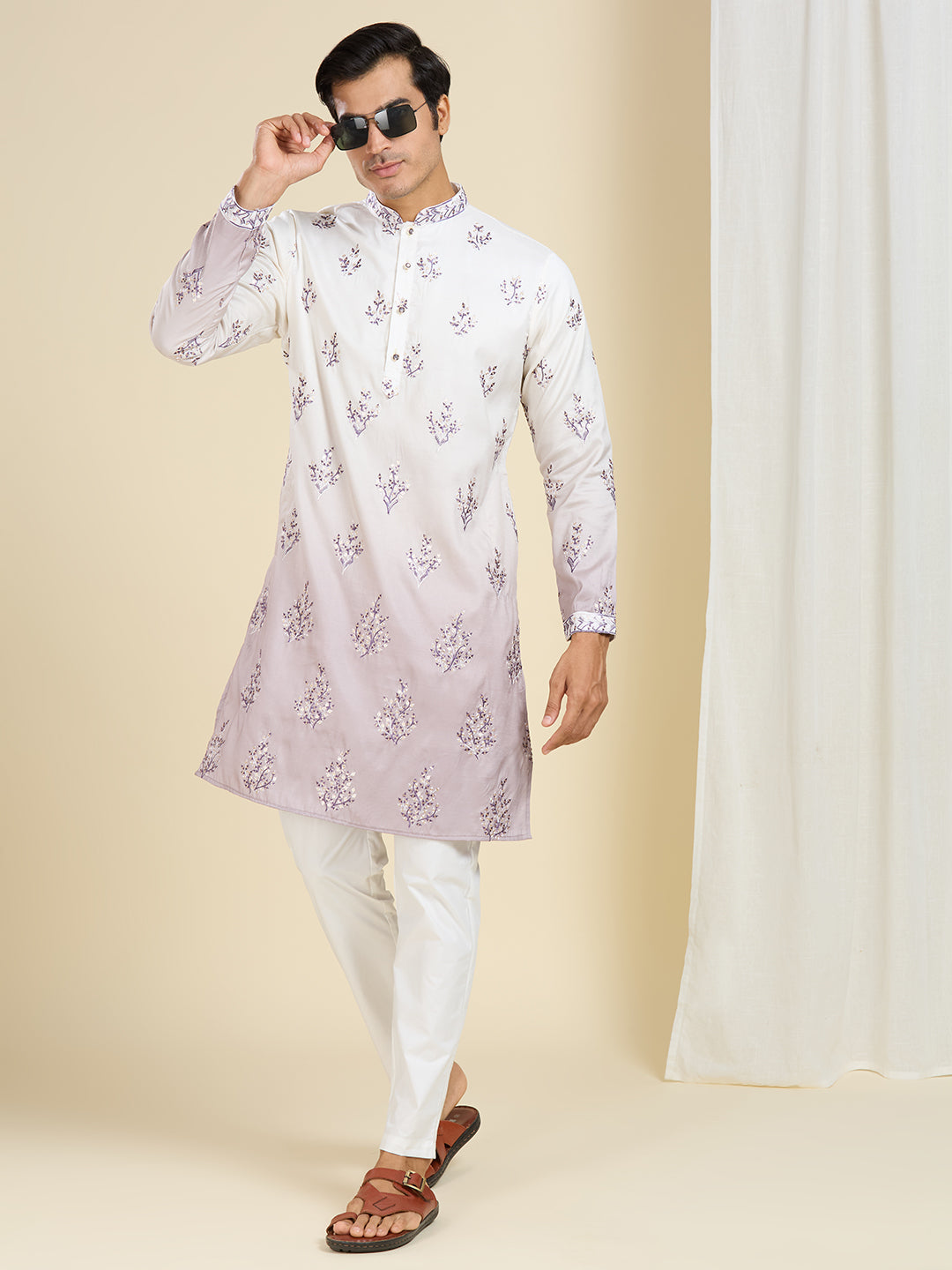 SOOTHING MAUVE OMBRE EFFECT FLORAL LEAF EMBROIDERY KURTA PYJAMA SET WITH LINING