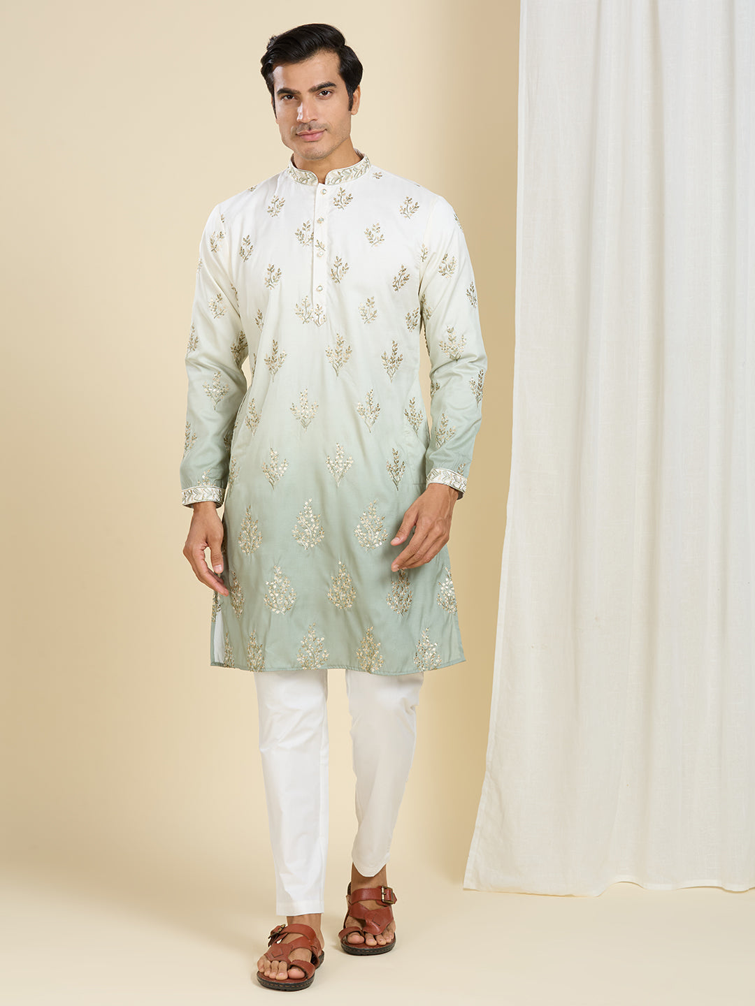 GLOWING SEA GREEN OMBRE EFFECT FLORAL LEAF EMBROIDERY KURTA PYJAMA SET WITH LINING