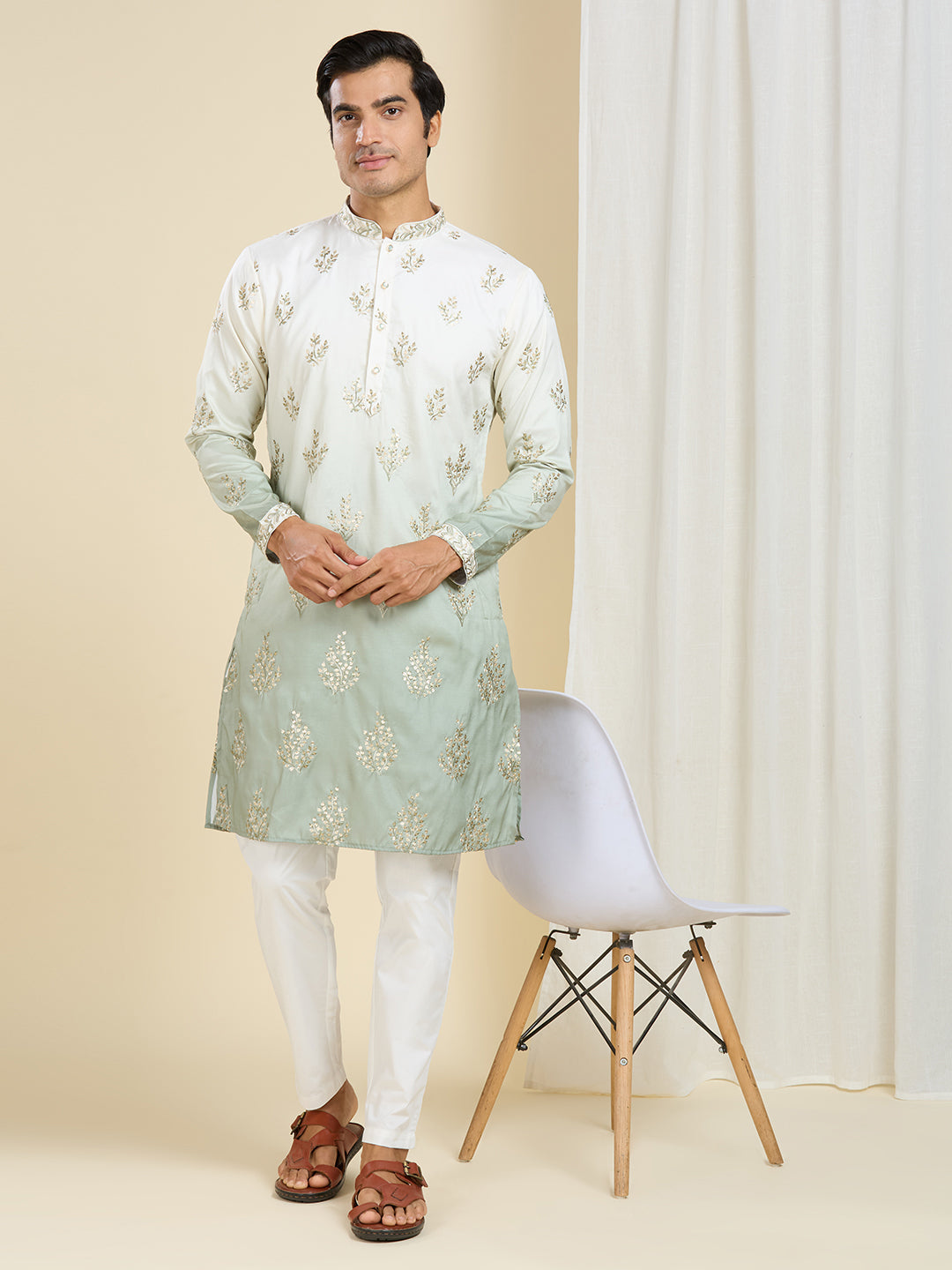 GLOWING SEA GREEN OMBRE EFFECT FLORAL LEAF EMBROIDERY KURTA PYJAMA SET WITH LINING
