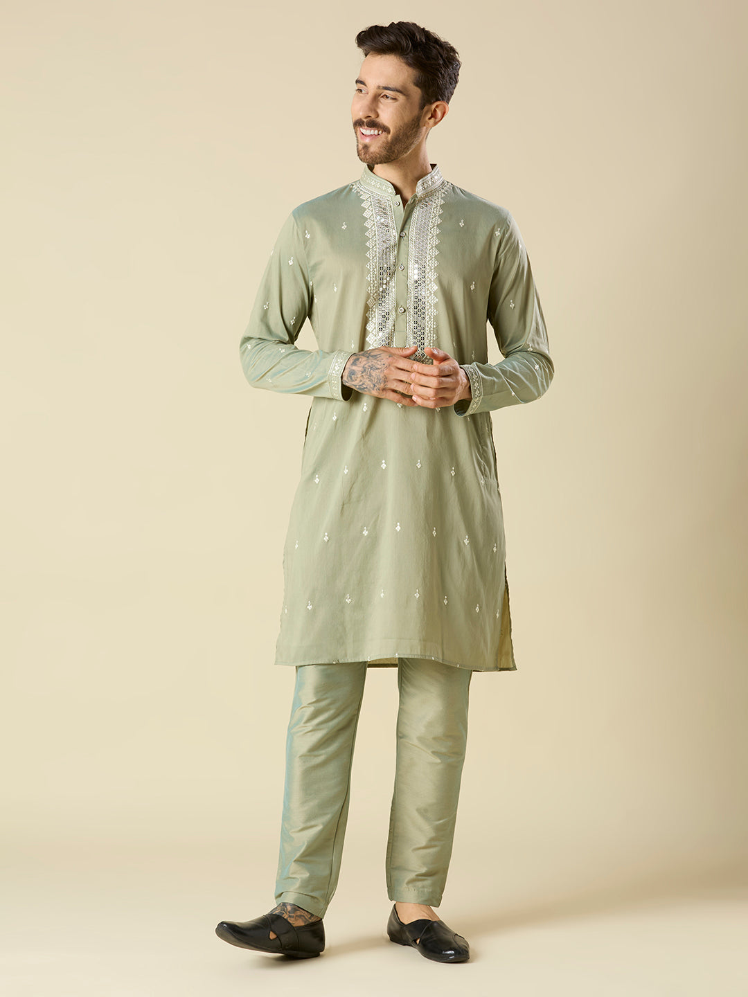 MEHNDI KURTA PYJAMA SET WITH INTRICATE EMBROIDERY AROUND NECKLINE
