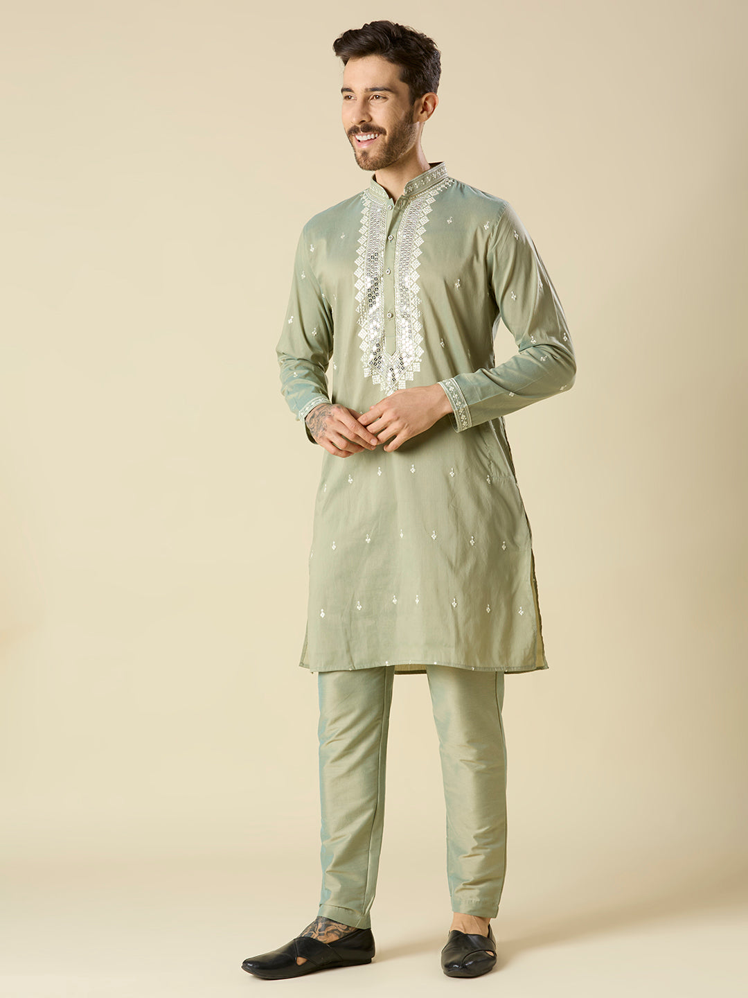 MEHNDI KURTA PYJAMA SET WITH INTRICATE EMBROIDERY AROUND NECKLINE