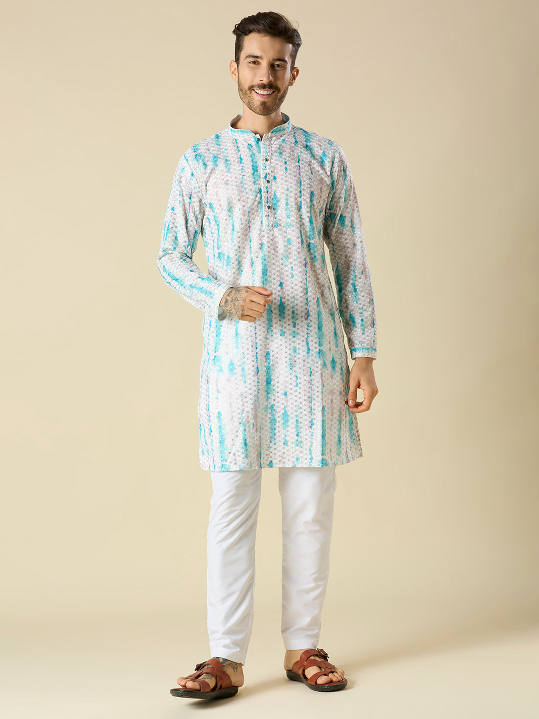 TURQUOISE BLUE SEQUENCE EMBROIDERY KURTA PYJAMA SET