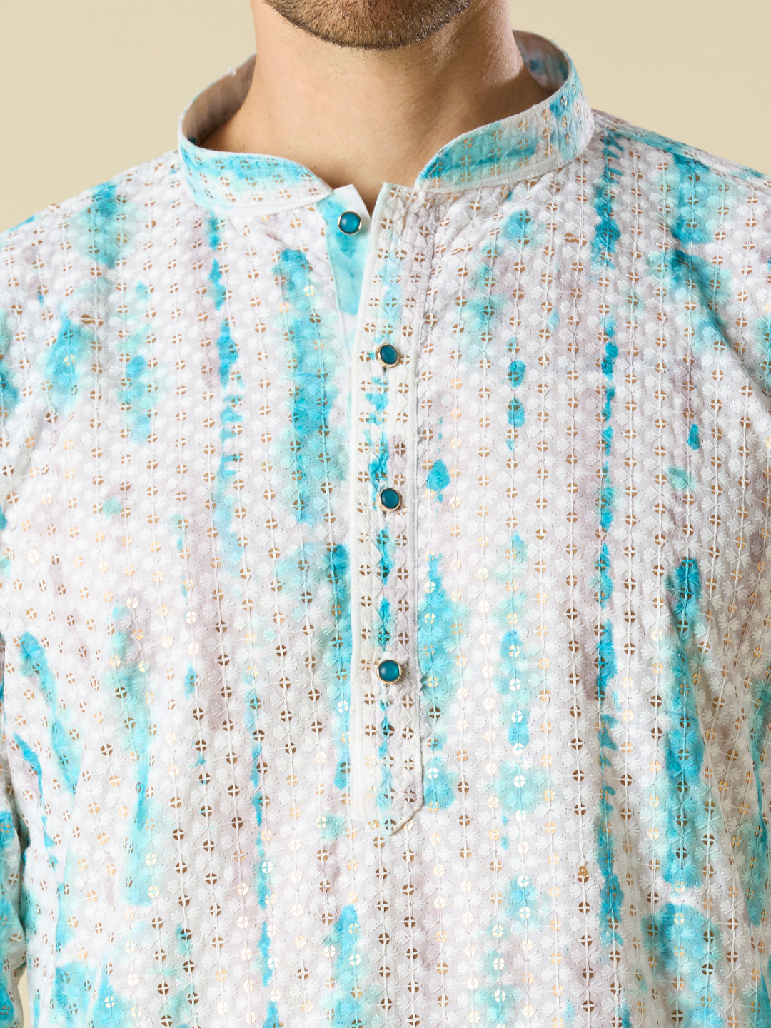 TURQUOISE BLUE SEQUENCE EMBROIDERY KURTA PYJAMA SET