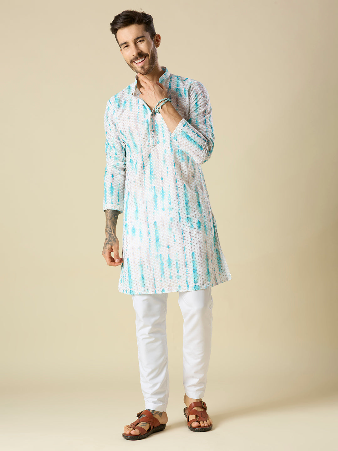 TURQUOISE BLUE SEQUENCE EMBROIDERY KURTA PYJAMA SET