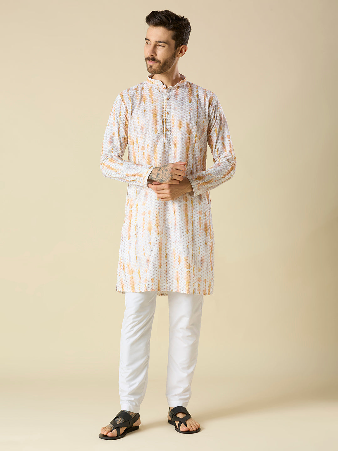 ORANGE YELLOW SEQUENCE EMBROIDERY KURTA PYJAMA SET