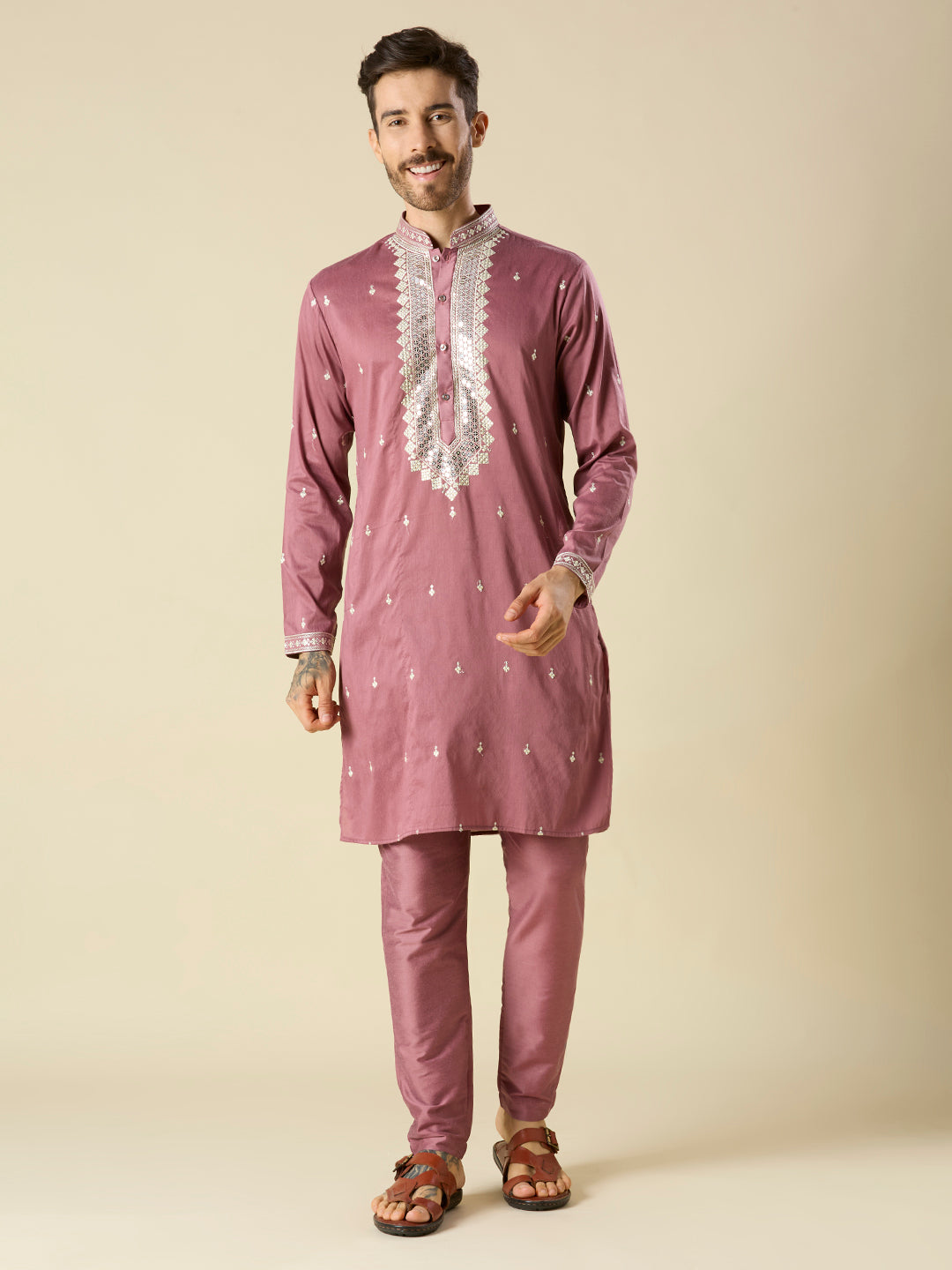 MAUVE KURTA PYJAMA SET WITH INTRICATE EMBROIDERY AROUND NECKLINE