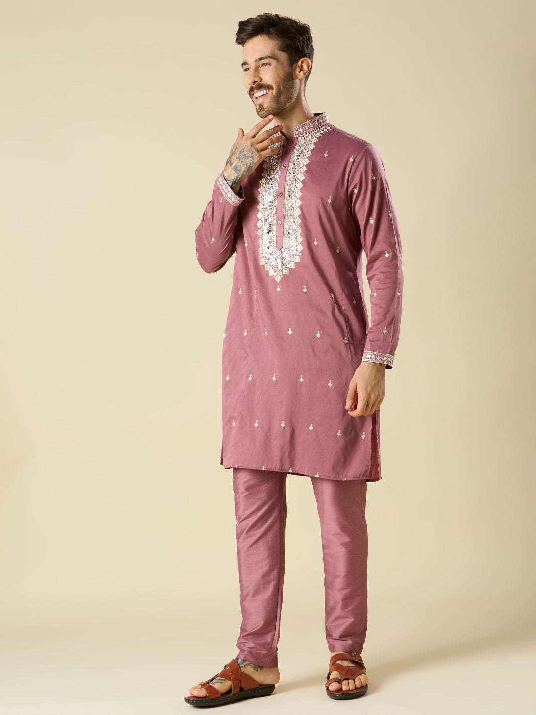 MAUVE KURTA PYJAMA SET WITH INTRICATE EMBROIDERY AROUND NECKLINE