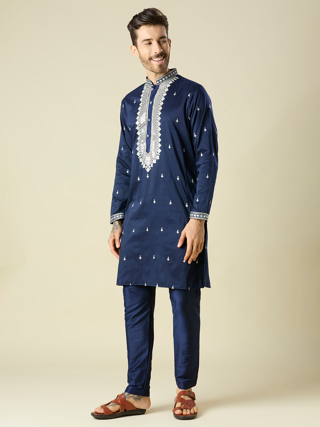 NAVY BLUE KURTA PYJAMA SET WITH INTRICATE EMBROIDERY AROUND NECKLINE