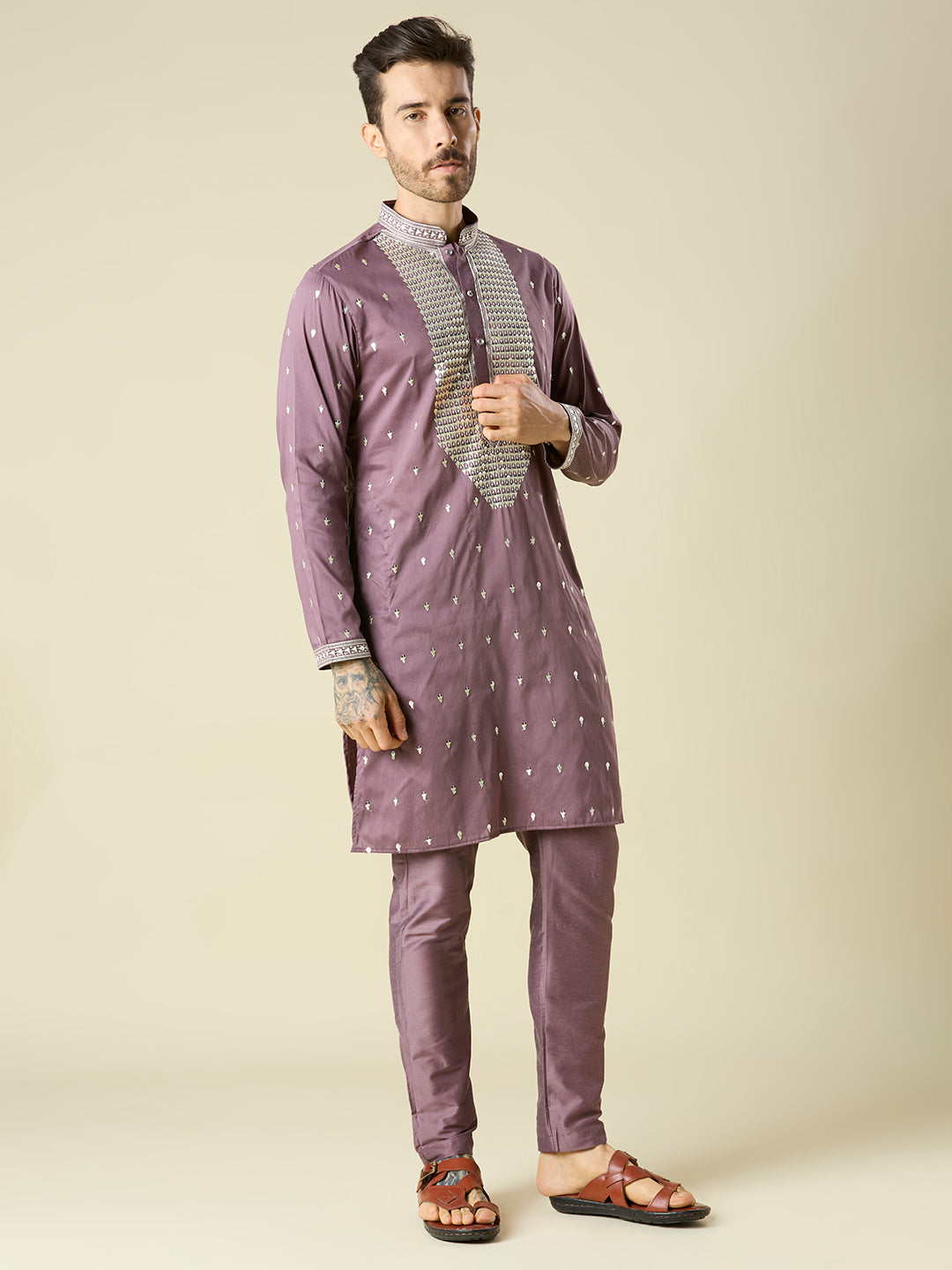 MAUVE KURTA PYJAMA SET WITH INTRICATE EMBROIDERY AROUND NECKLINE