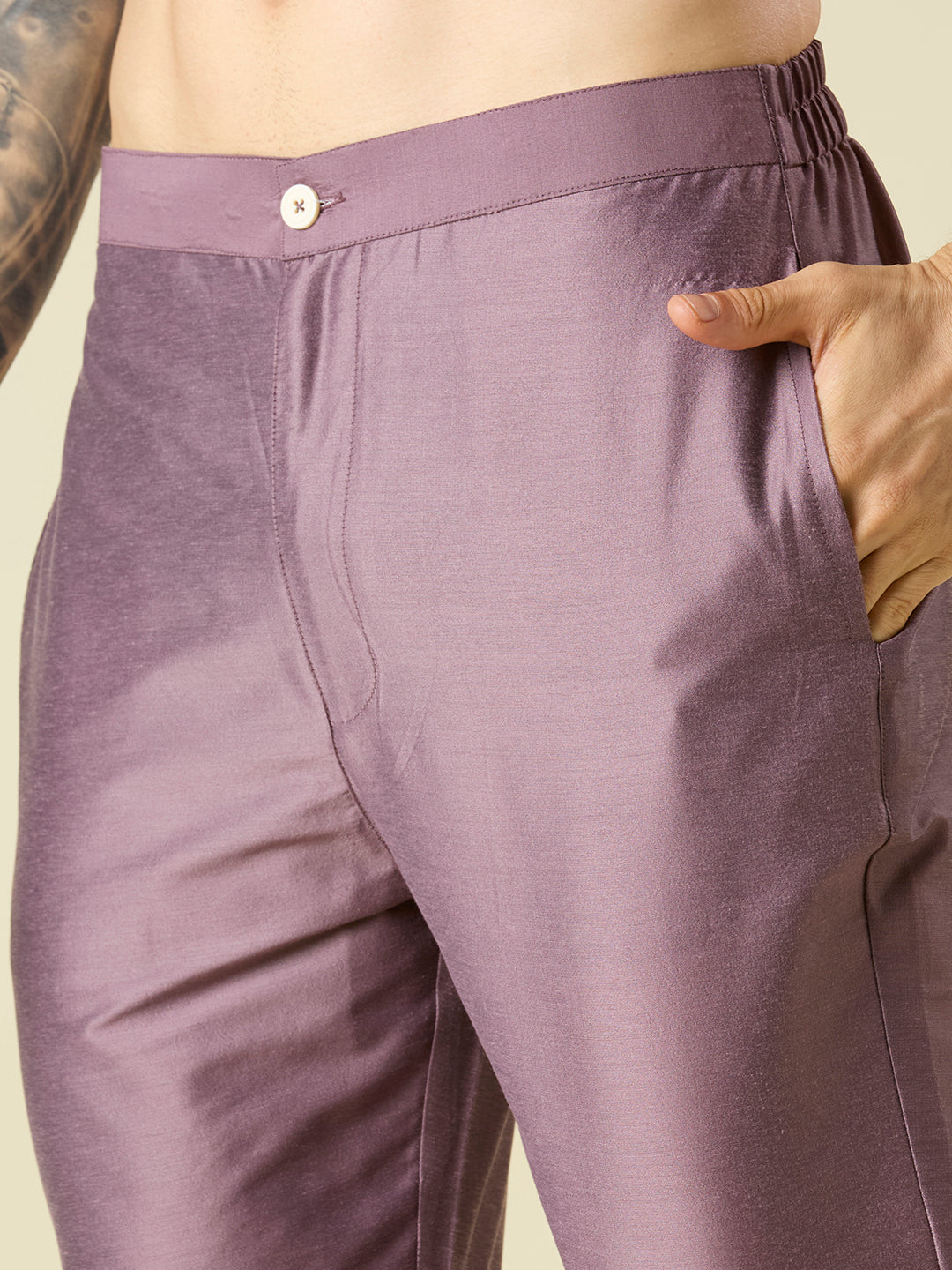 MAUVE KURTA PYJAMA SET WITH INTRICATE EMBROIDERY AROUND NECKLINE
