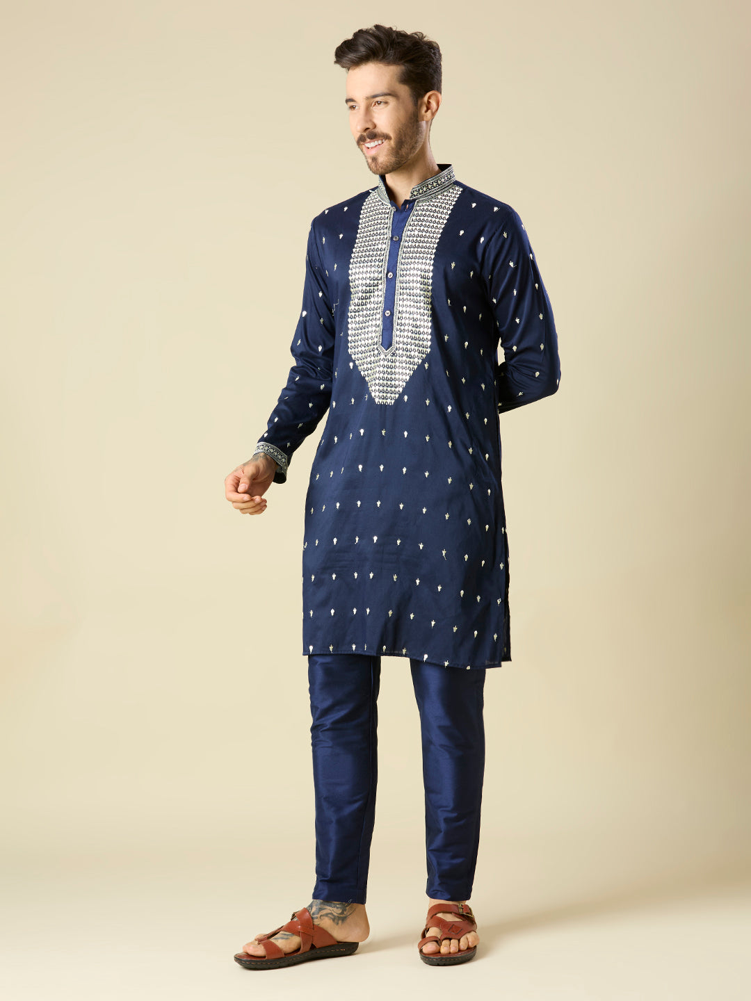 NAVY BLUE KURTA PYJAMA SET WITH INTRICATE EMBROIDERY AROUND NECKLINE