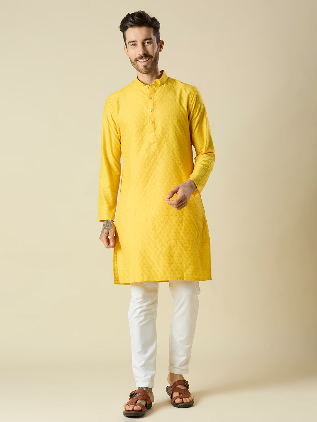 BRIGHT YELLOW JACQUARD KURTA PYJAMA SET
