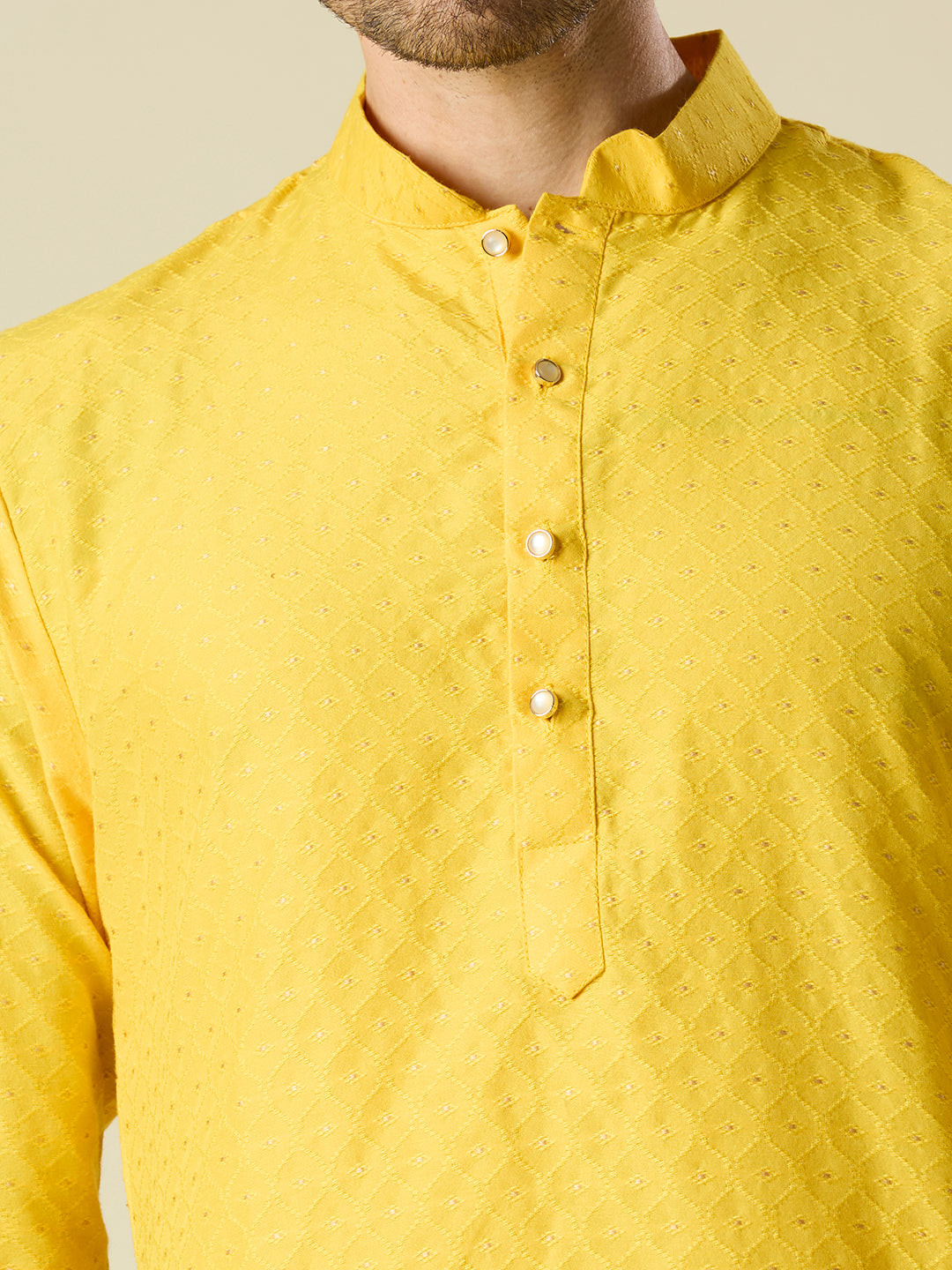 BRIGHT YELLOW JACQUARD KURTA PYJAMA SET