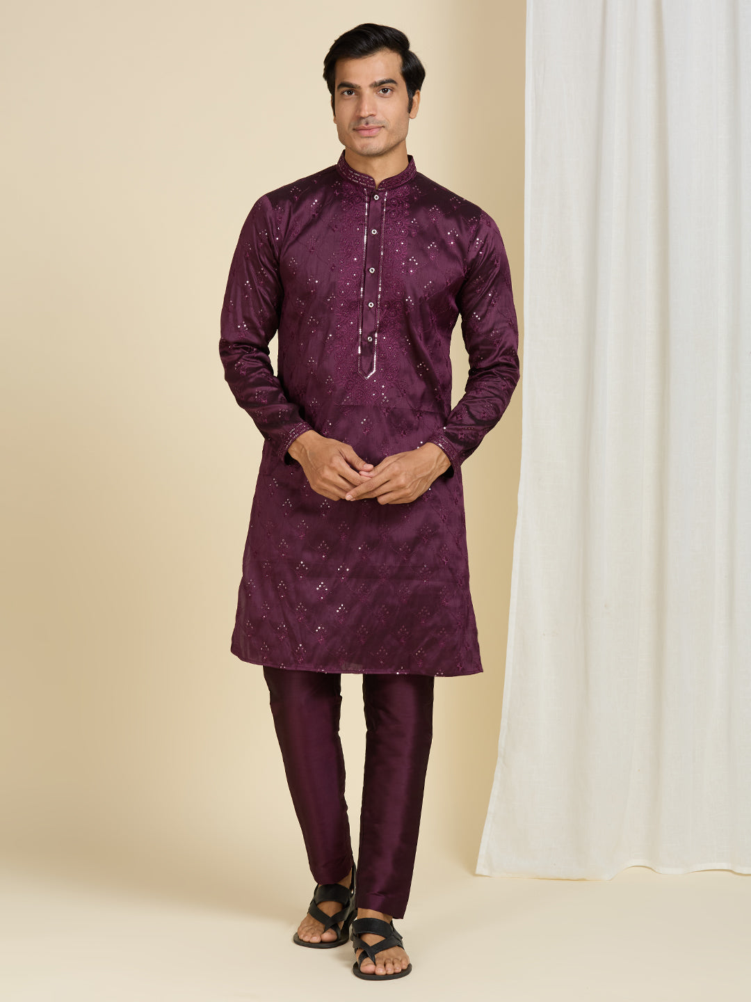DARK MAGENTA KURTA PYJAMA SET WITH INTRICATE NECK EMBROIDERY WORK