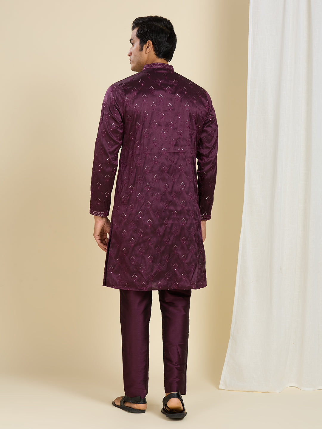 DARK MAGENTA KURTA PYJAMA SET WITH INTRICATE NECK EMBROIDERY WORK