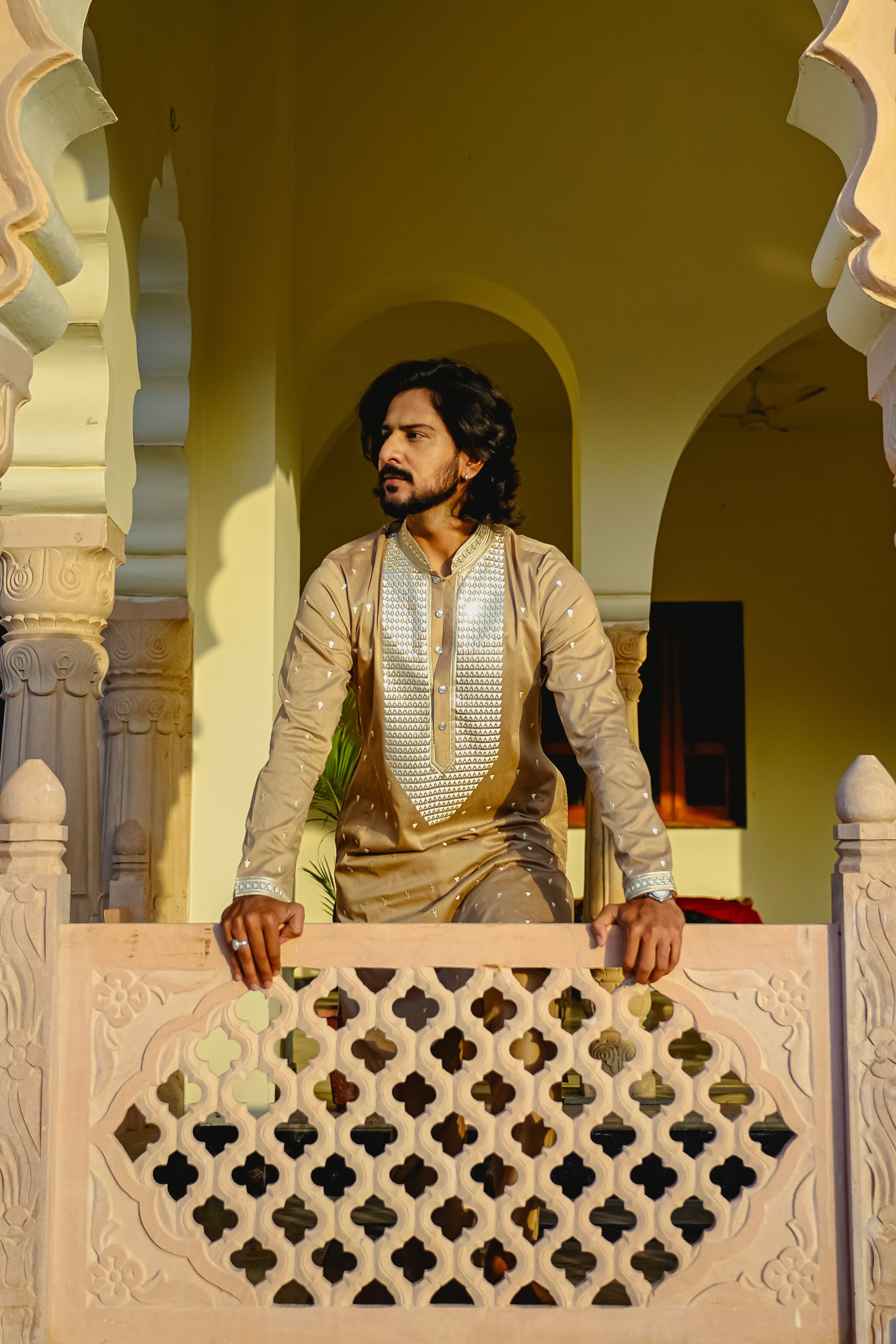 SUMMER SAND KURTA PYJAMA SET WITH ELABORATE EMBROIDERY AROUND PLACKET