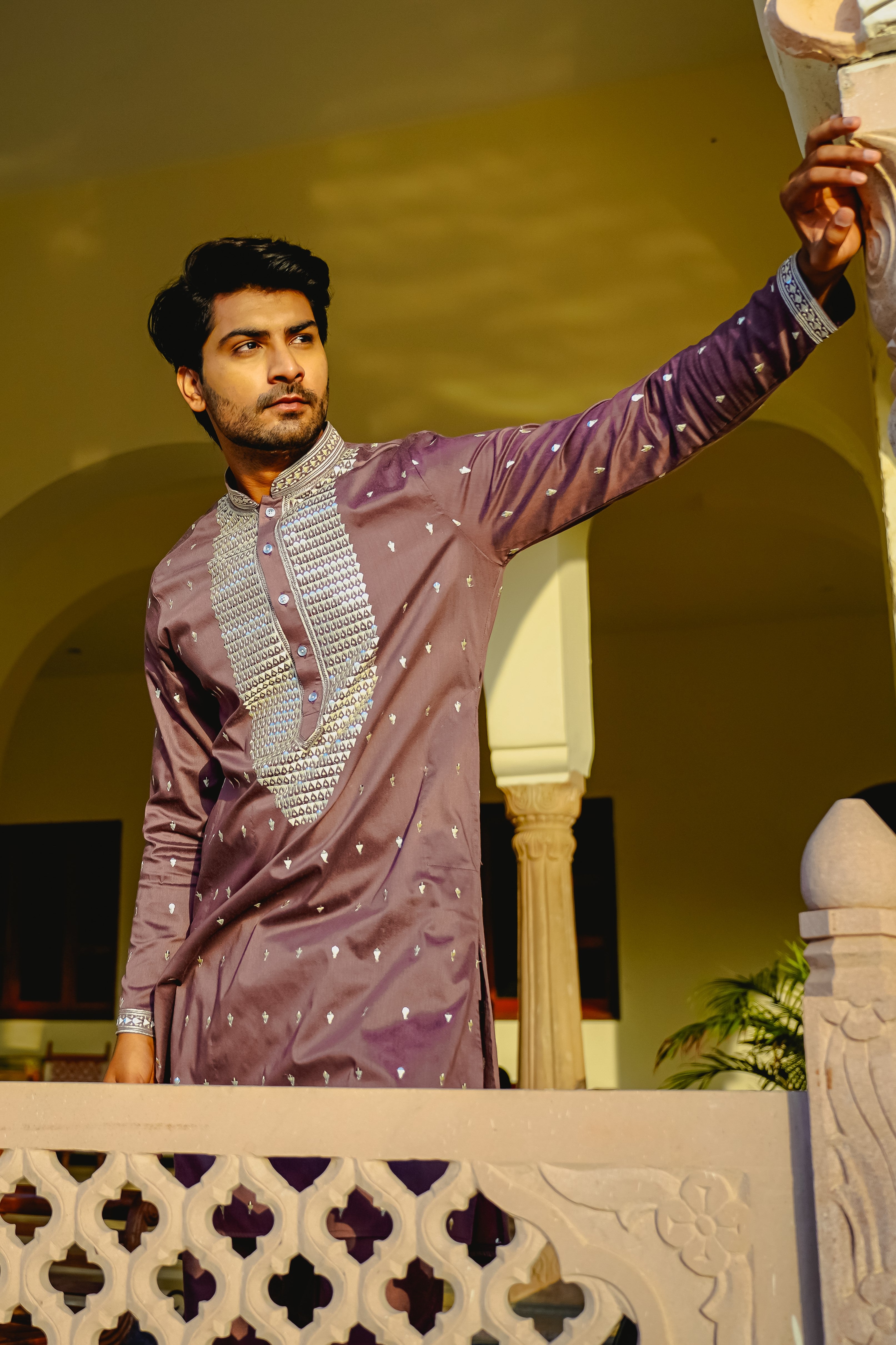 MEADOW MAUVE KURTA PYJAMA SET WITH ELABORATE EMBROIDERY AROUND PLACKET