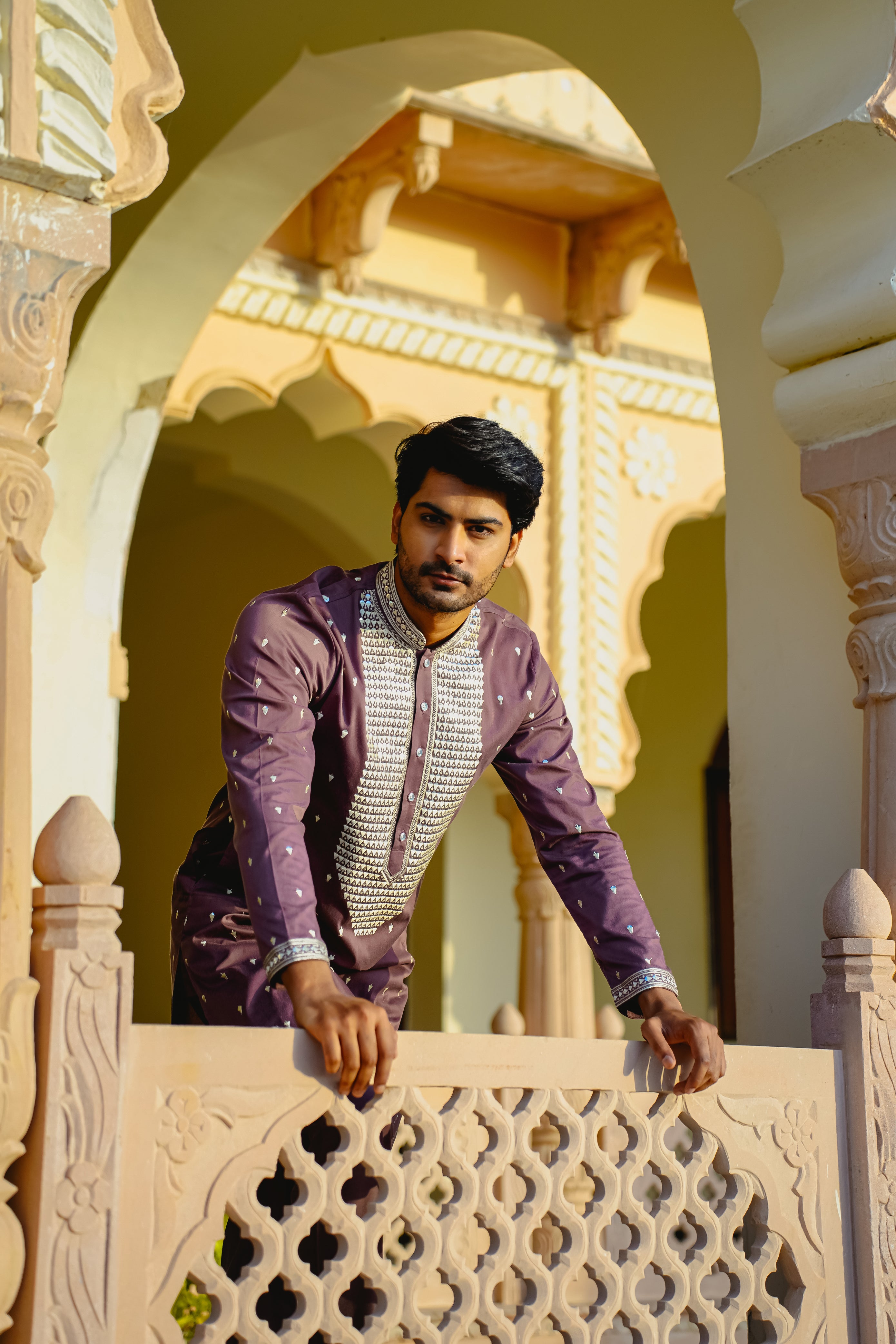 MEADOW MAUVE KURTA PYJAMA SET WITH ELABORATE EMBROIDERY AROUND PLACKET