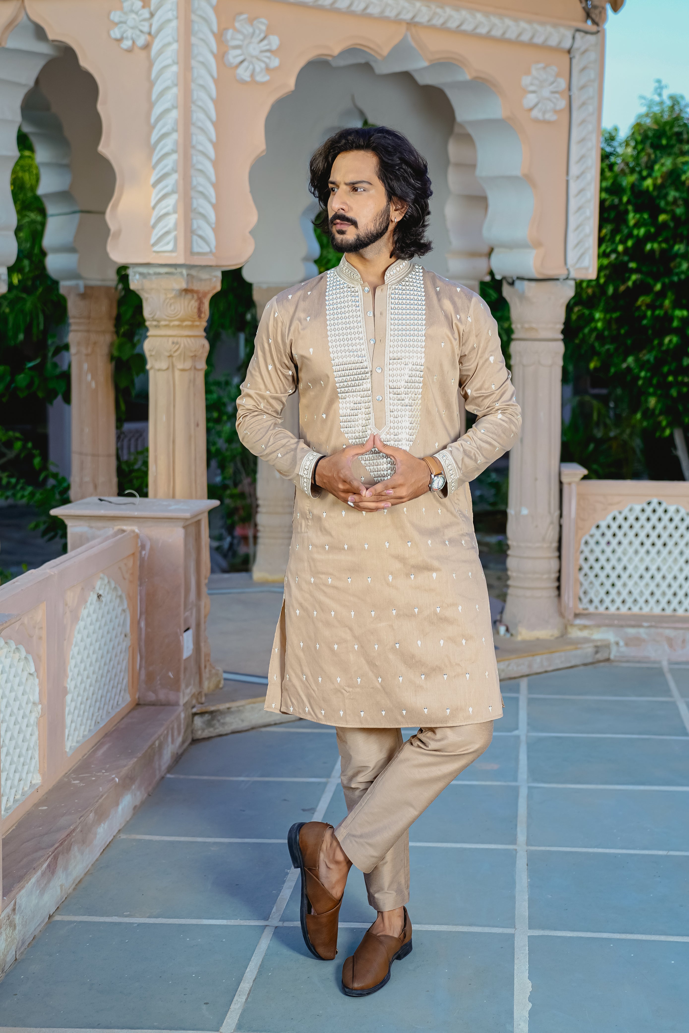 SUMMER SAND KURTA PYJAMA SET WITH ELABORATE EMBROIDERY AROUND PLACKET