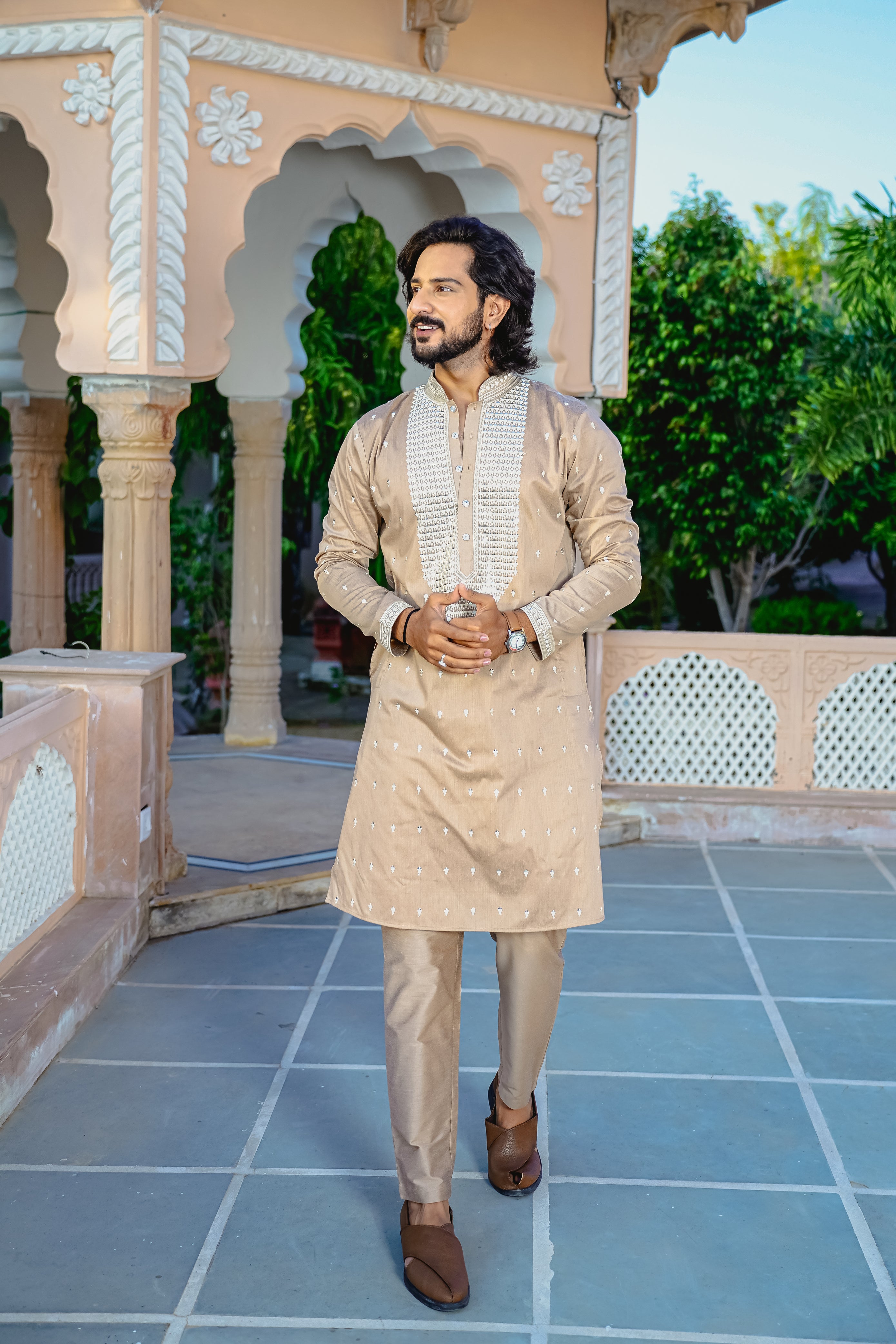 SUMMER SAND KURTA PYJAMA SET WITH ELABORATE EMBROIDERY AROUND PLACKET