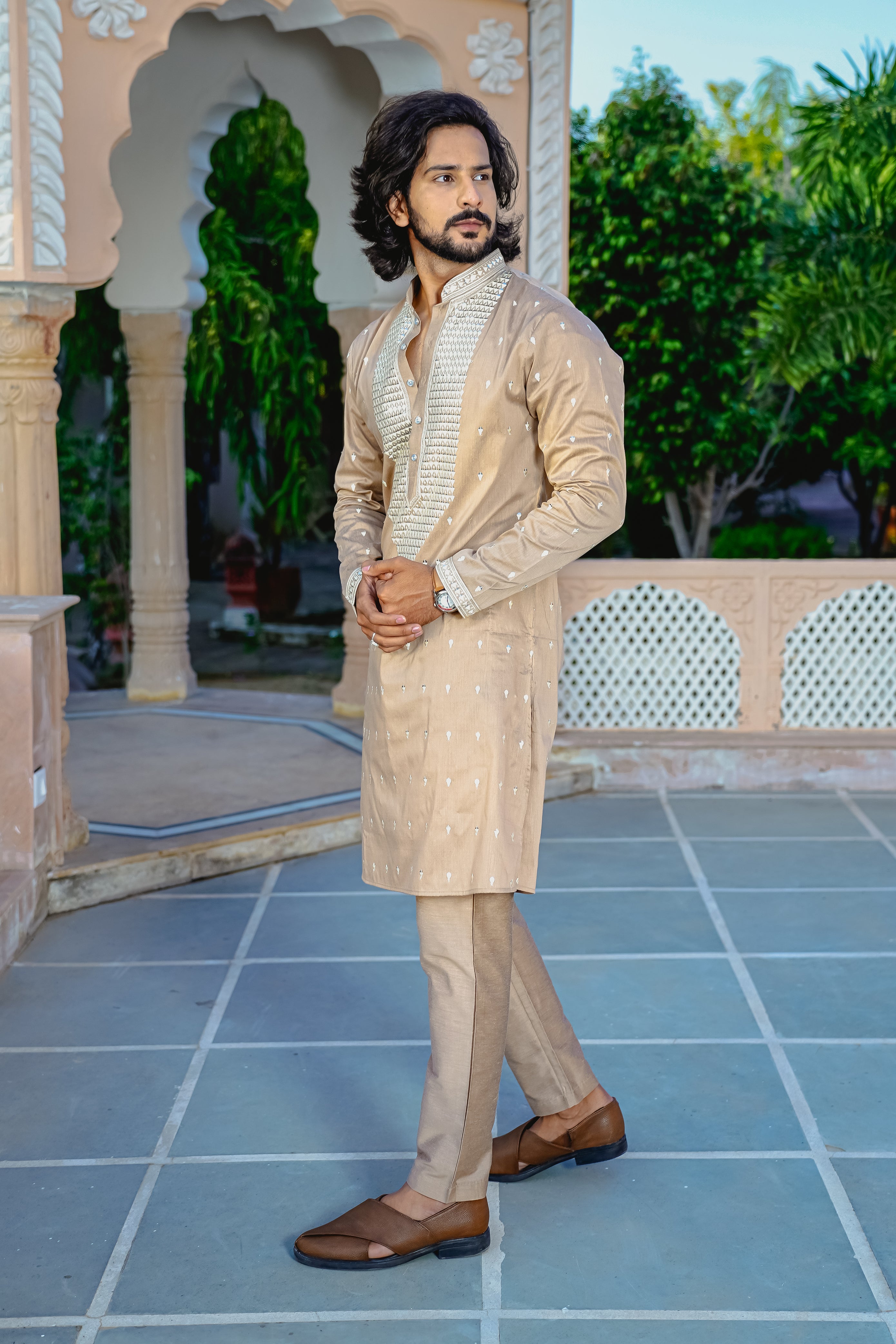 SUMMER SAND KURTA PYJAMA SET WITH ELABORATE EMBROIDERY AROUND PLACKET