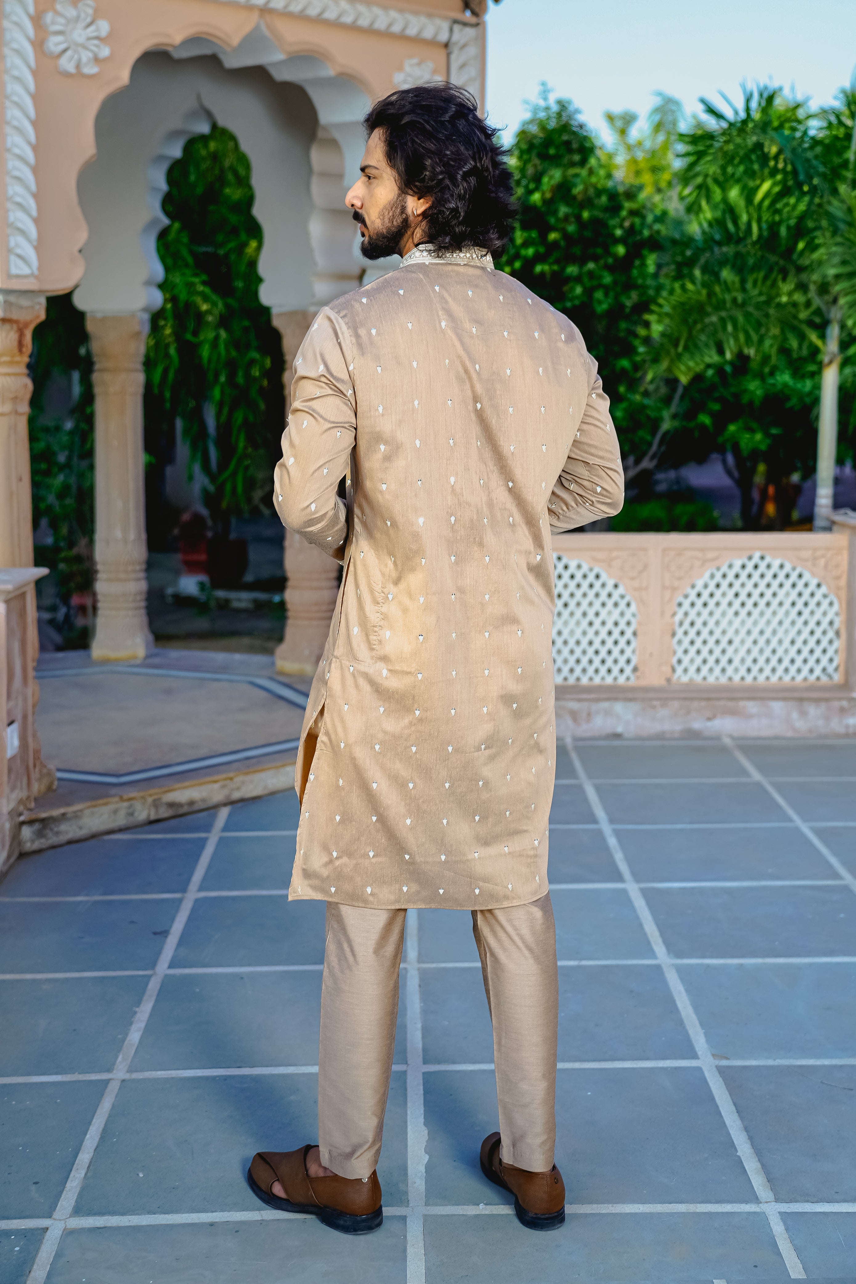 SUMMER SAND KURTA PYJAMA SET WITH ELABORATE EMBROIDERY AROUND PLACKET