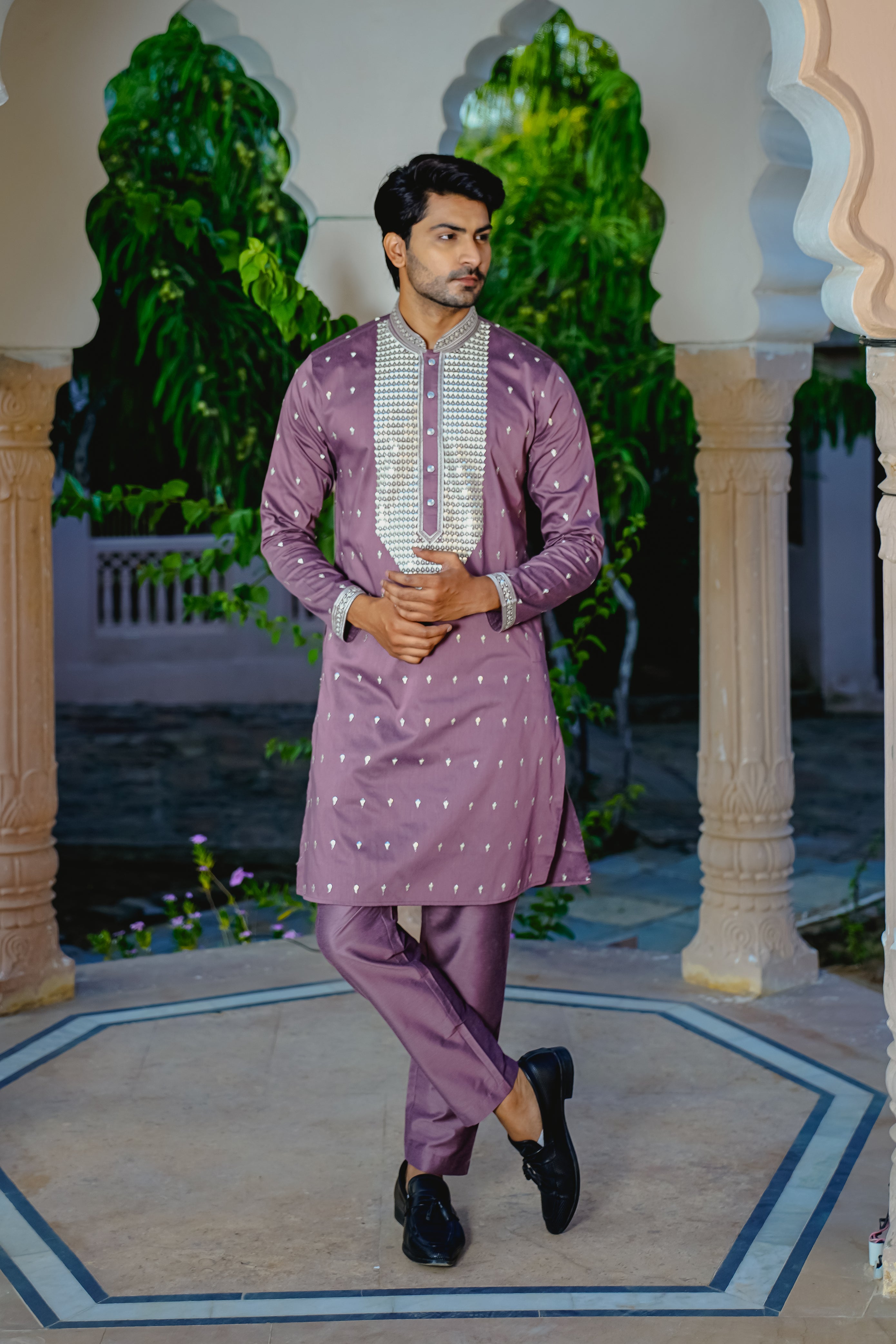 MEADOW MAUVE KURTA PYJAMA SET WITH ELABORATE EMBROIDERY AROUND PLACKET