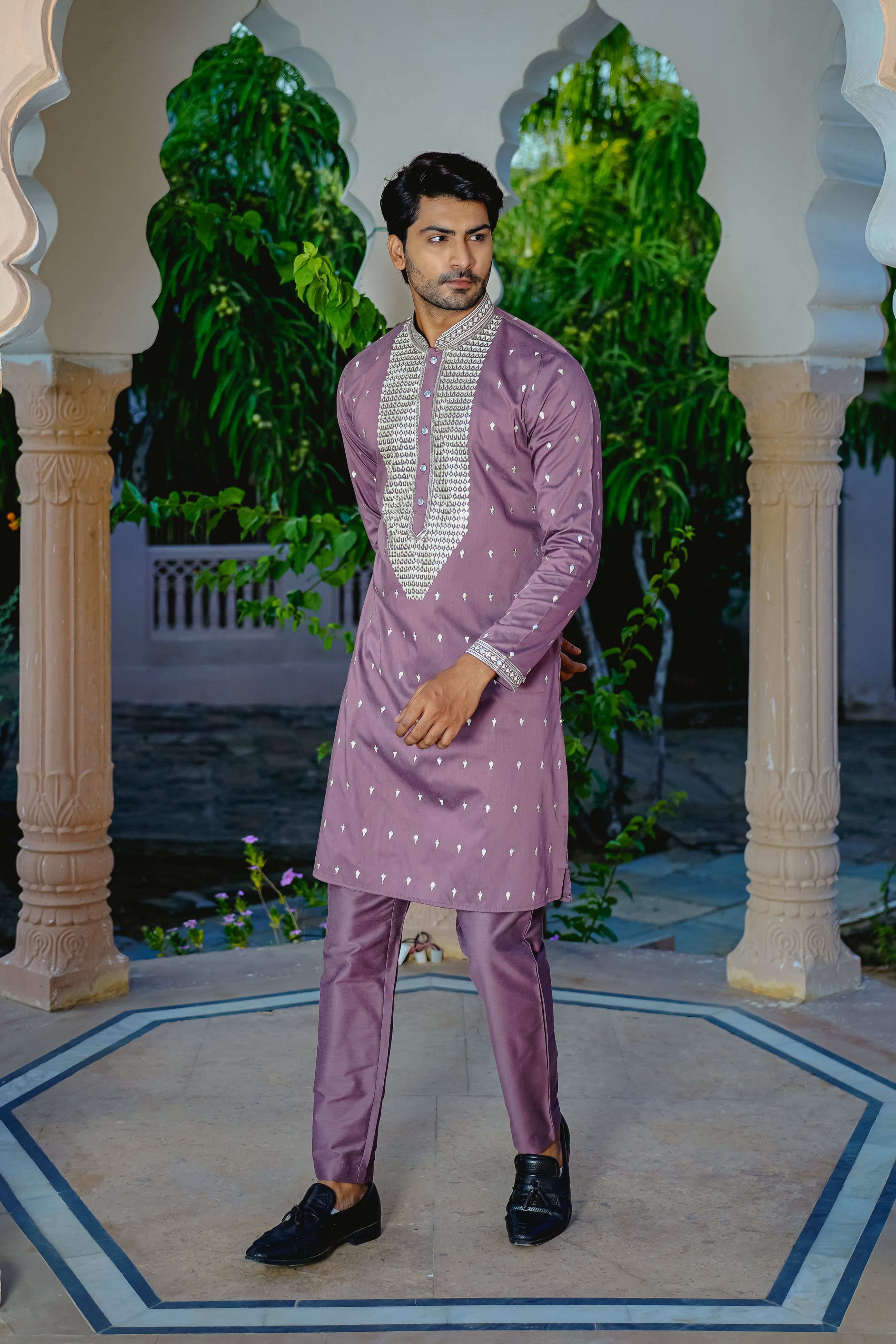 MEADOW MAUVE KURTA PYJAMA SET WITH ELABORATE EMBROIDERY AROUND PLACKET