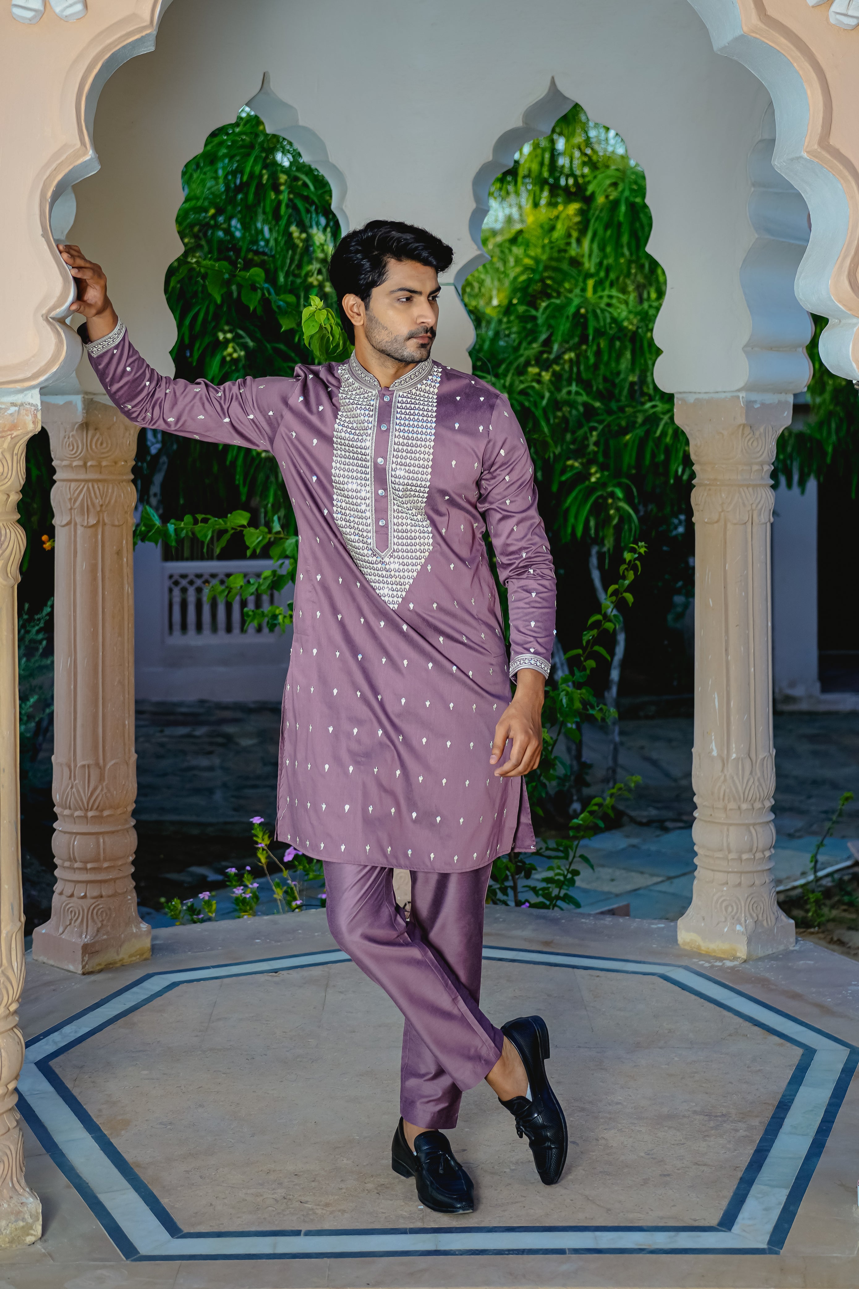 MEADOW MAUVE KURTA PYJAMA SET WITH ELABORATE EMBROIDERY AROUND PLACKET
