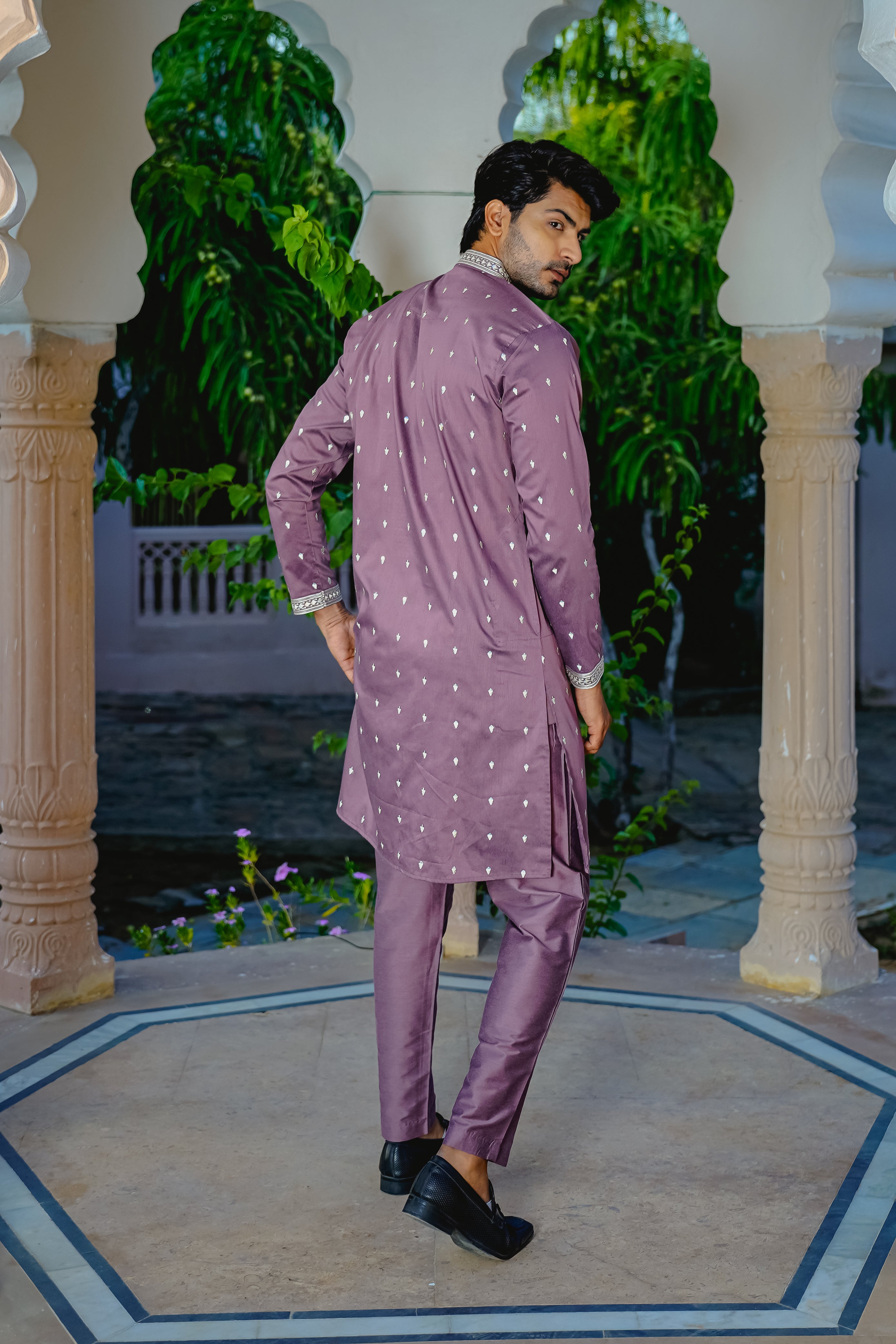 MEADOW MAUVE KURTA PYJAMA SET WITH ELABORATE EMBROIDERY AROUND PLACKET