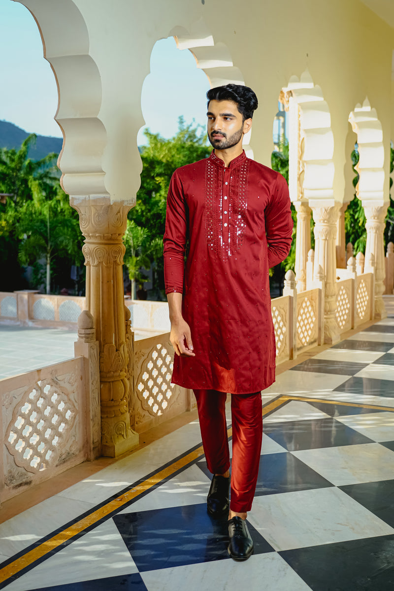 DEEP MAROON KURTA SET WITH INTRICATE THREAD & SEQUINS HIGHLIGHTS