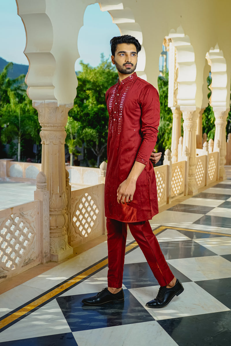 DEEP MAROON KURTA SET WITH INTRICATE THREAD & SEQUINS HIGHLIGHTS
