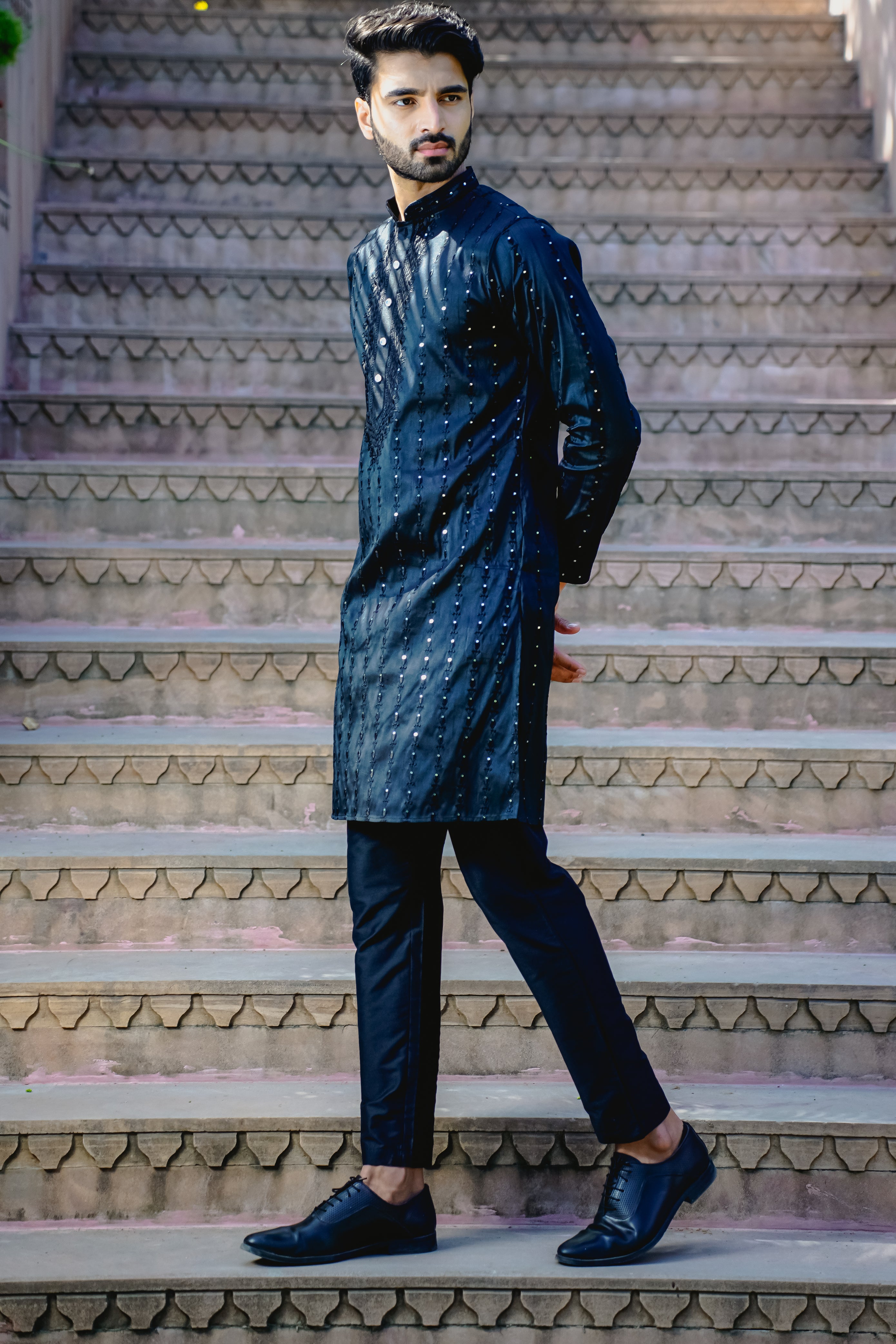 ESPRESSO BLACK KURTA PYJAMA SET WITH ELABORATE EMBROIDERY AROUND PLACKET