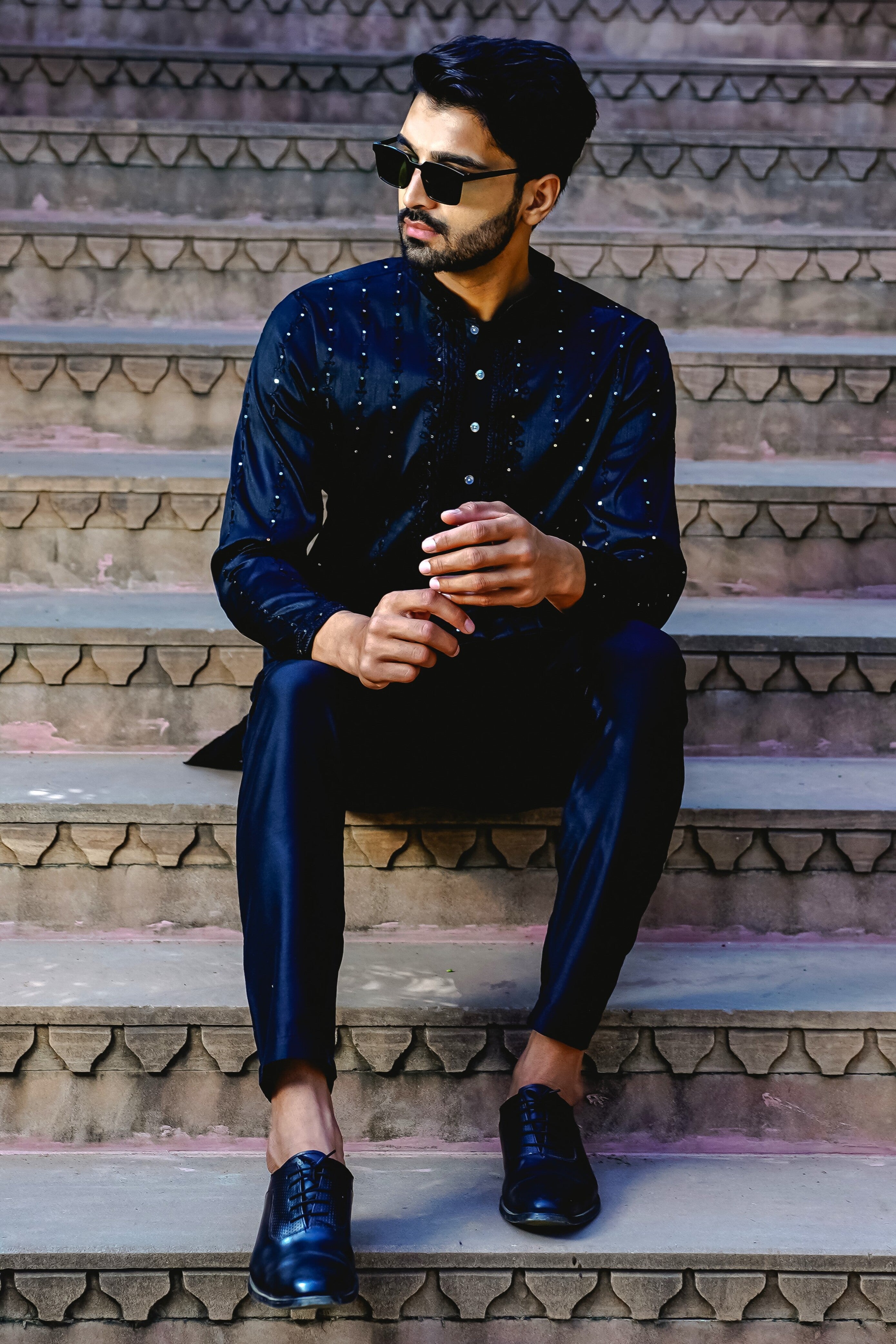 ESPRESSO BLACK KURTA PYJAMA SET WITH ELABORATE EMBROIDERY AROUND PLACKET