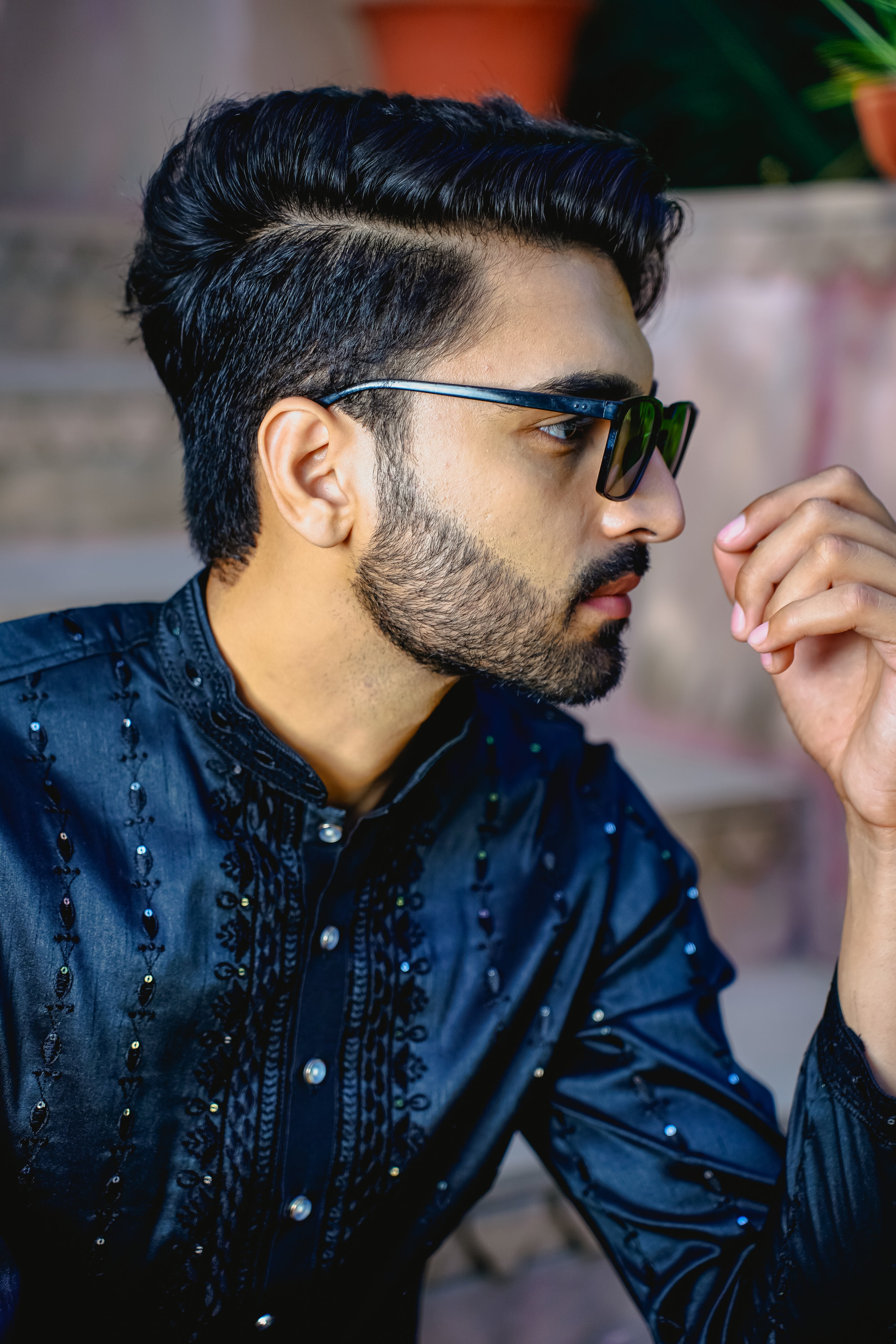 ESPRESSO BLACK KURTA PYJAMA SET WITH ELABORATE EMBROIDERY AROUND PLACKET