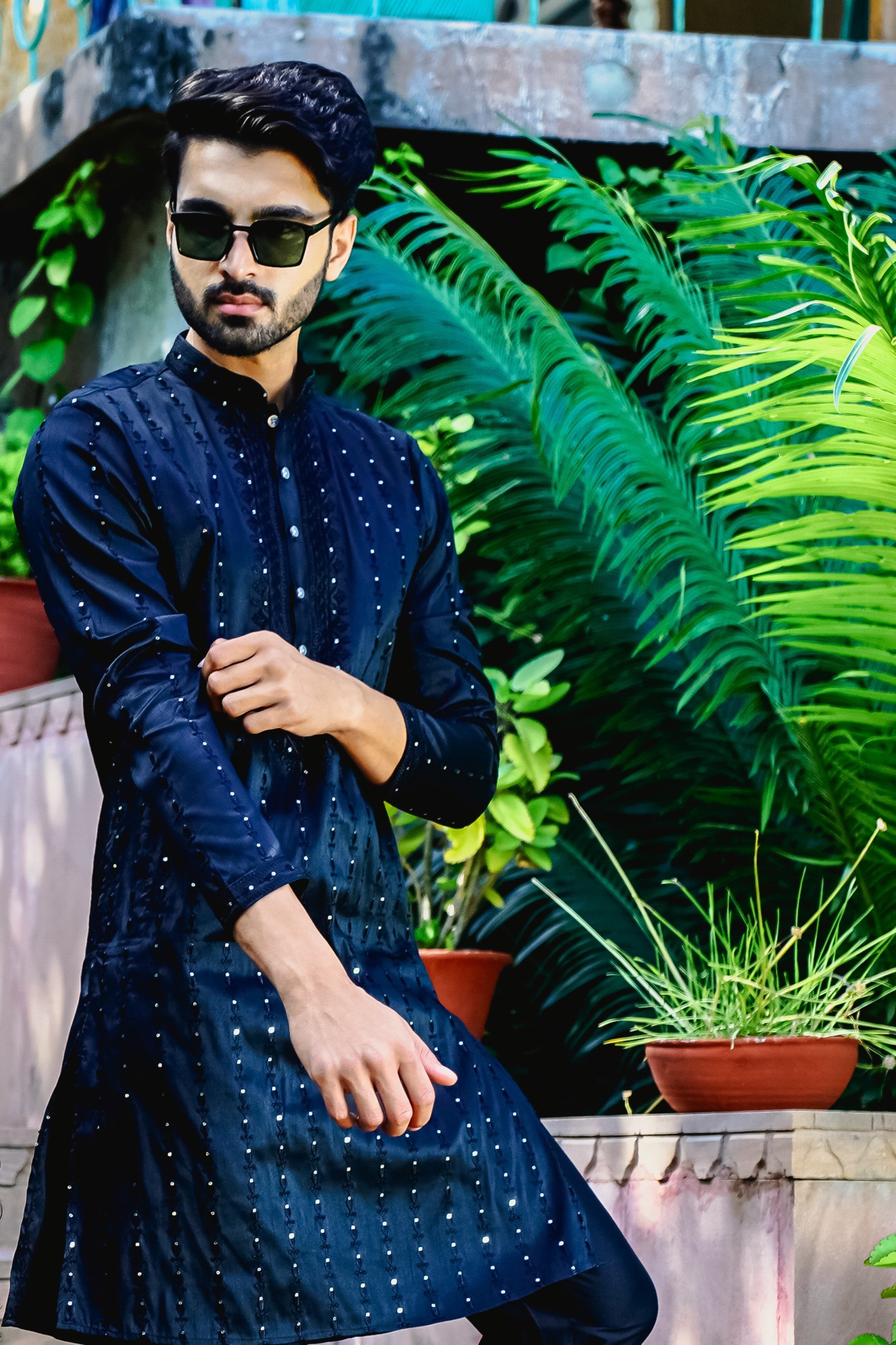 ESPRESSO BLACK KURTA PYJAMA SET WITH ELABORATE EMBROIDERY AROUND PLACKET