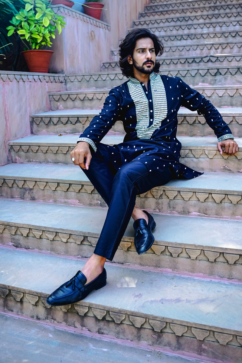 TUXEDO BLACK KURTA SET WITH ELABORATE EMBROIDERY AROUND PLACKET
