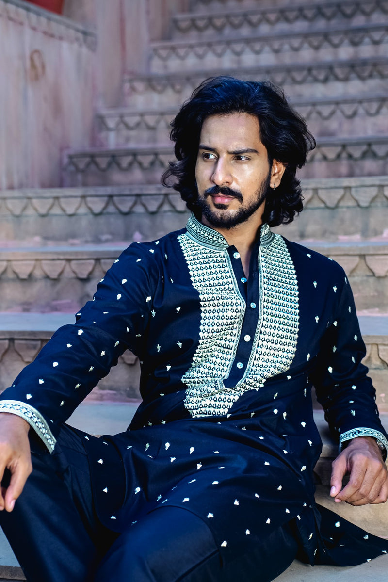 TUXEDO BLACK KURTA SET WITH ELABORATE EMBROIDERY AROUND PLACKET
