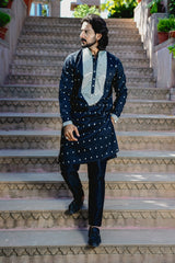 TUXEDO BLACK KURTA SET WITH ELABORATE EMBROIDERY AROUND PLACKET