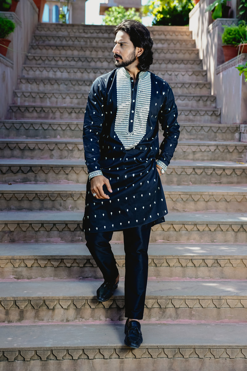 TUXEDO BLACK KURTA SET WITH ELABORATE EMBROIDERY AROUND PLACKET