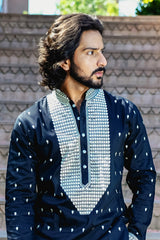 TUXEDO BLACK KURTA SET WITH ELABORATE EMBROIDERY AROUND PLACKET