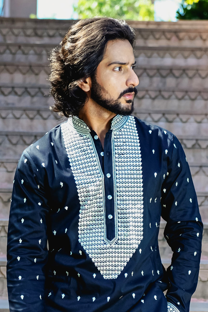 TUXEDO BLACK KURTA SET WITH ELABORATE EMBROIDERY AROUND PLACKET