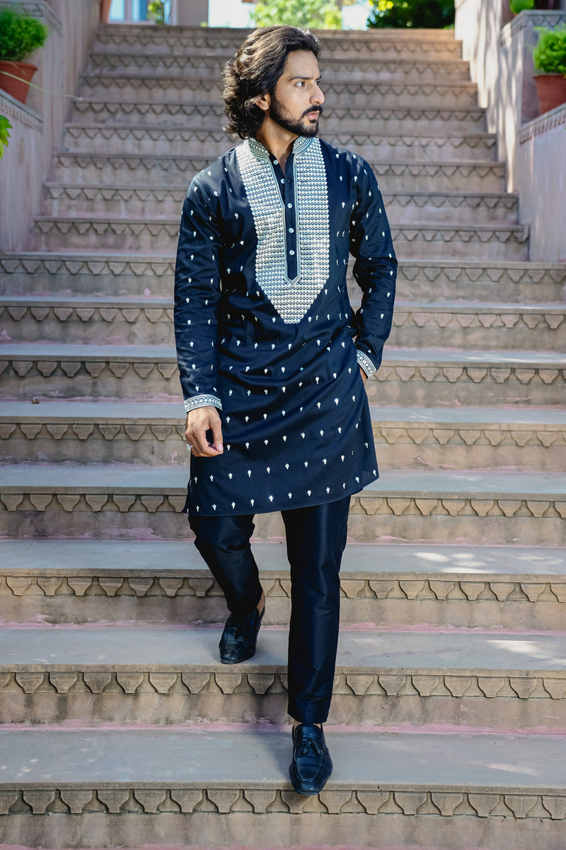 TUXEDO BLACK KURTA SET WITH ELABORATE EMBROIDERY AROUND PLACKET