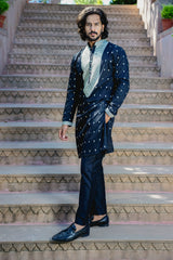 TUXEDO BLACK KURTA SET WITH ELABORATE EMBROIDERY AROUND PLACKET