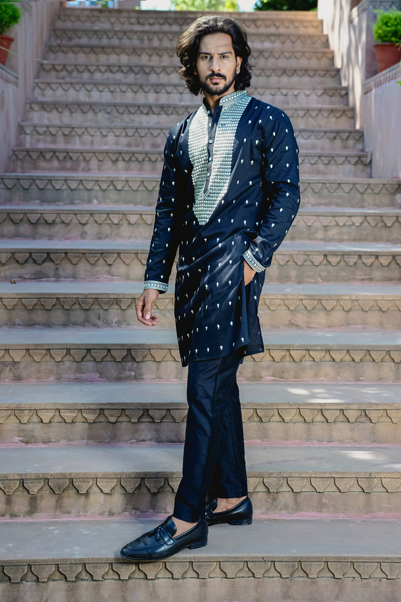 TUXEDO BLACK KURTA SET WITH ELABORATE EMBROIDERY AROUND PLACKET