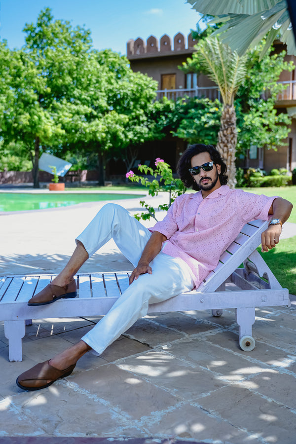 QUARTZ PINK CUBAN COLLAR SHIRT WITH CUTWORK EMBROIDERY DETAILS