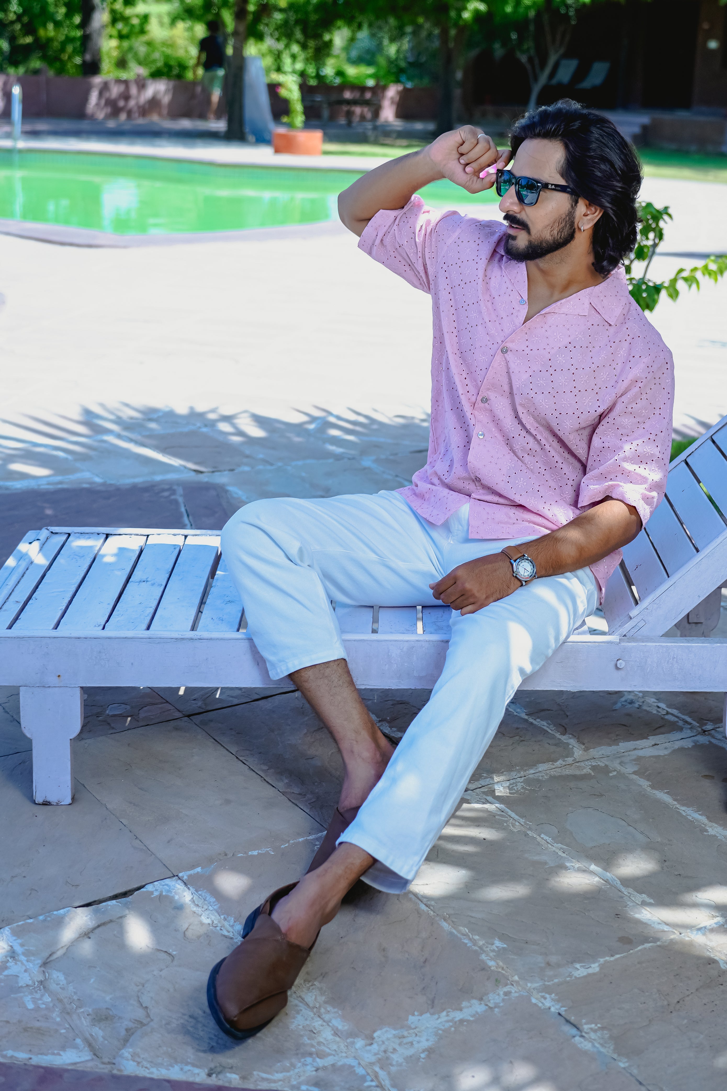 QUARTZ PINK CUBAN COLLAR SHIRT WITH CUTWORK EMBROIDERY DETAILS