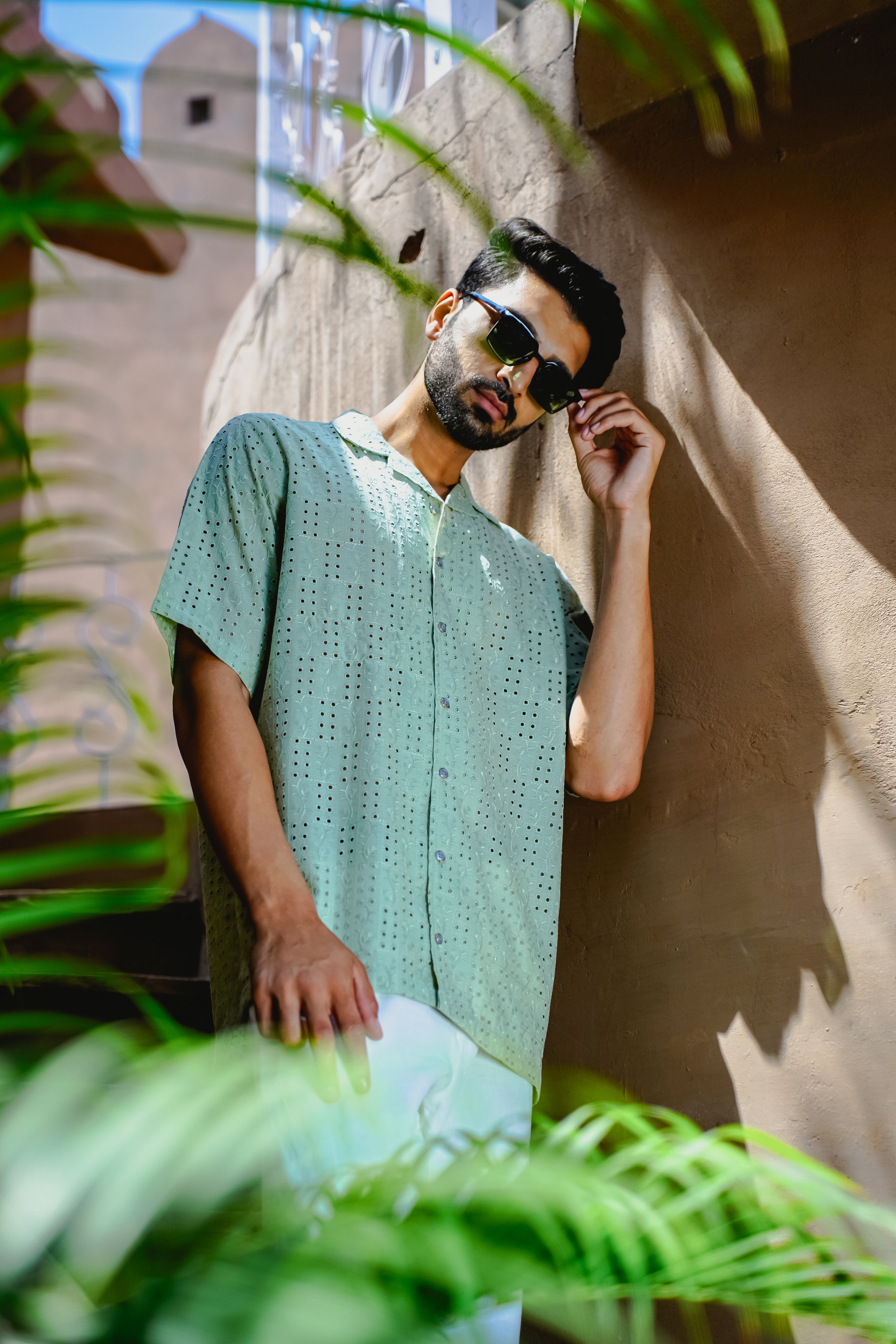 SAGE GREEN CUBAN COLLAR SHIRT WITH CUTWORK EMBROIDERY DETAILS