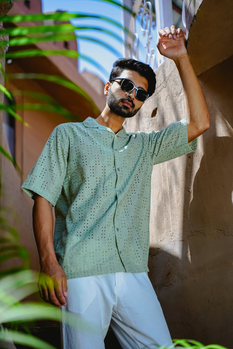 SAGE GREEN CUBAN COLLAR SHIRT WITH CUTWORK EMBROIDERY DETAILS