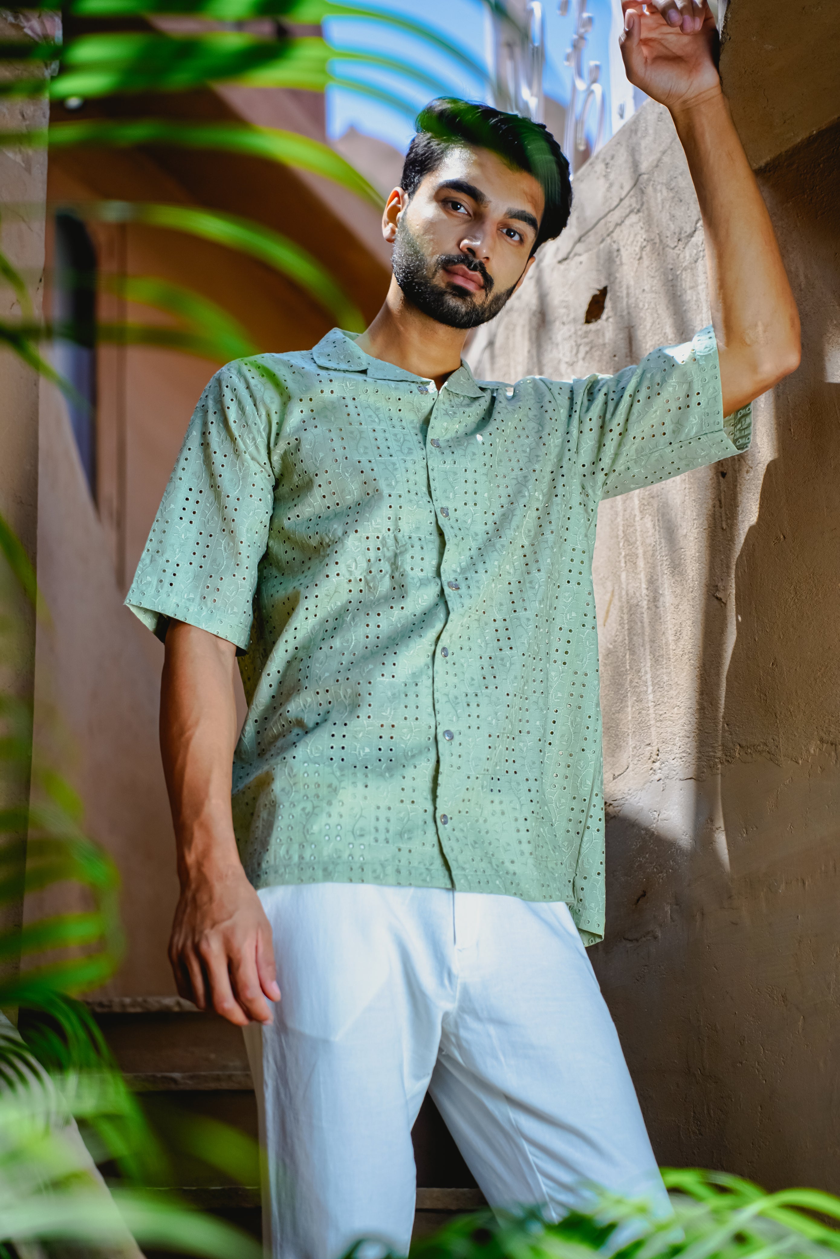 SAGE GREEN CUBAN COLLAR SHIRT WITH CUTWORK EMBROIDERY DETAILS